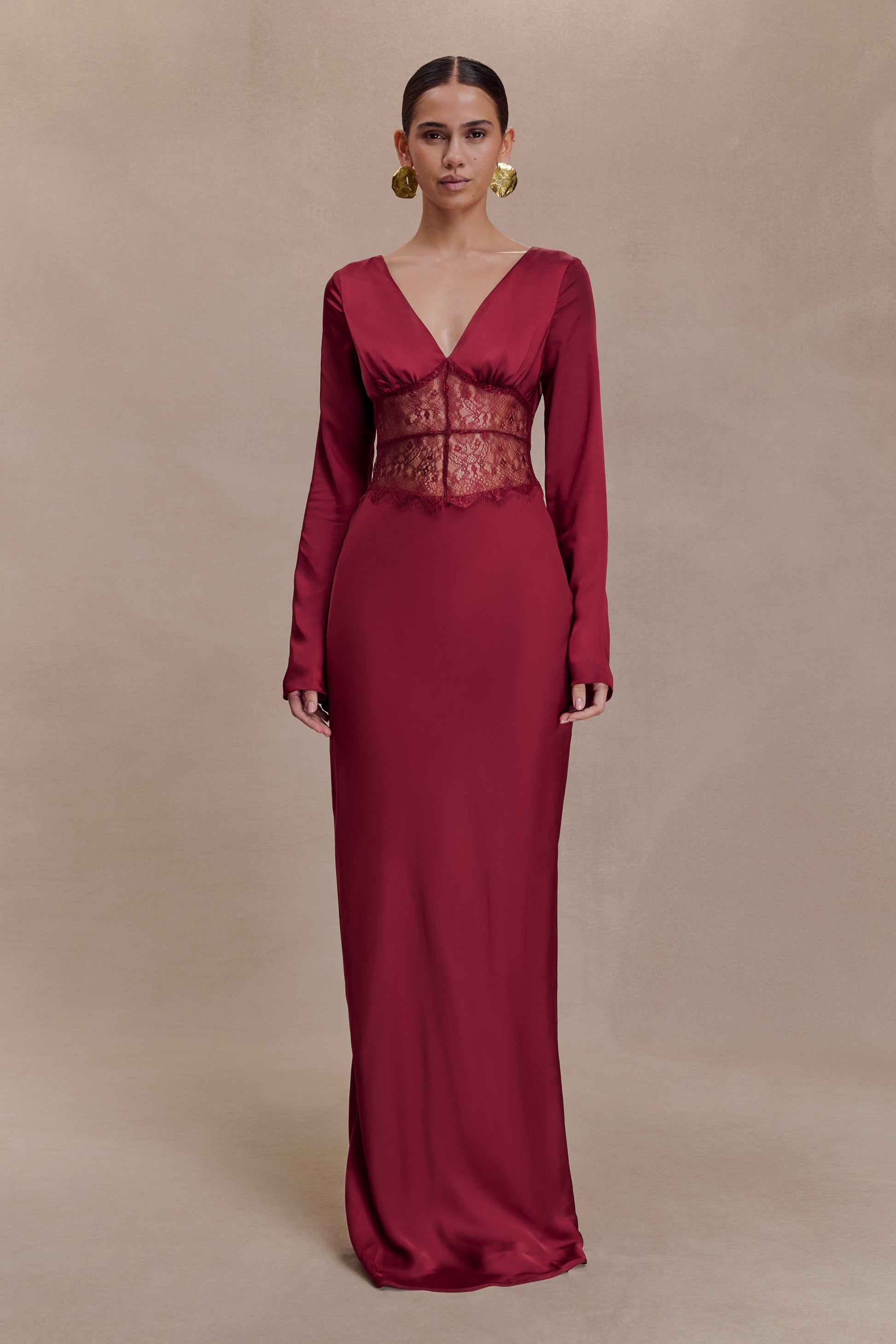 Kaya Long Sleeve Satin And Mesh Maxi Dress / Wine | MESHKI | XS Kaya Long Sleeve Satin And Mesh Maxi Dress / Wine | MESHKI | XS