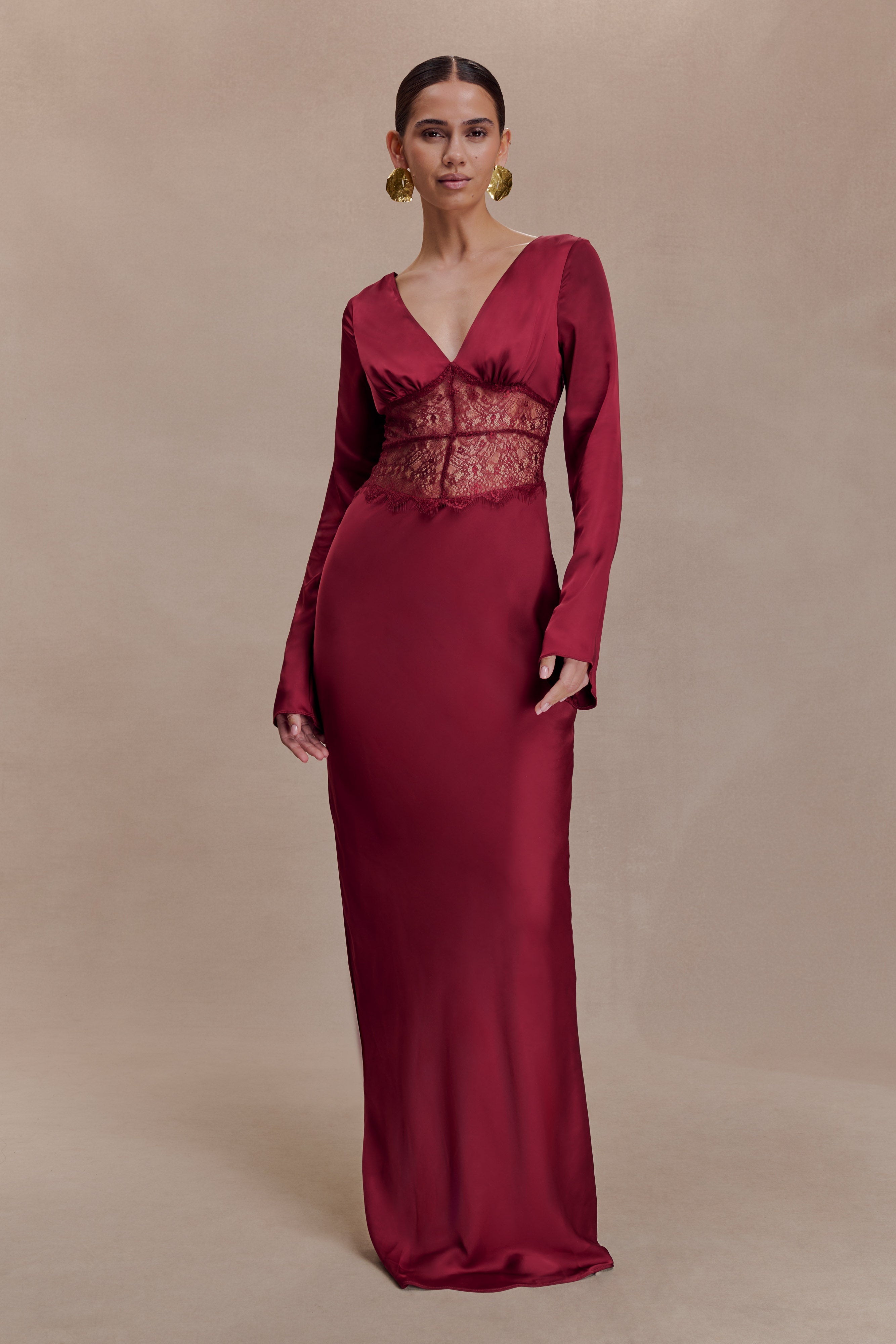 Kaya Long Sleeve Satin And Mesh Maxi Dress - Wine | MESHKI US