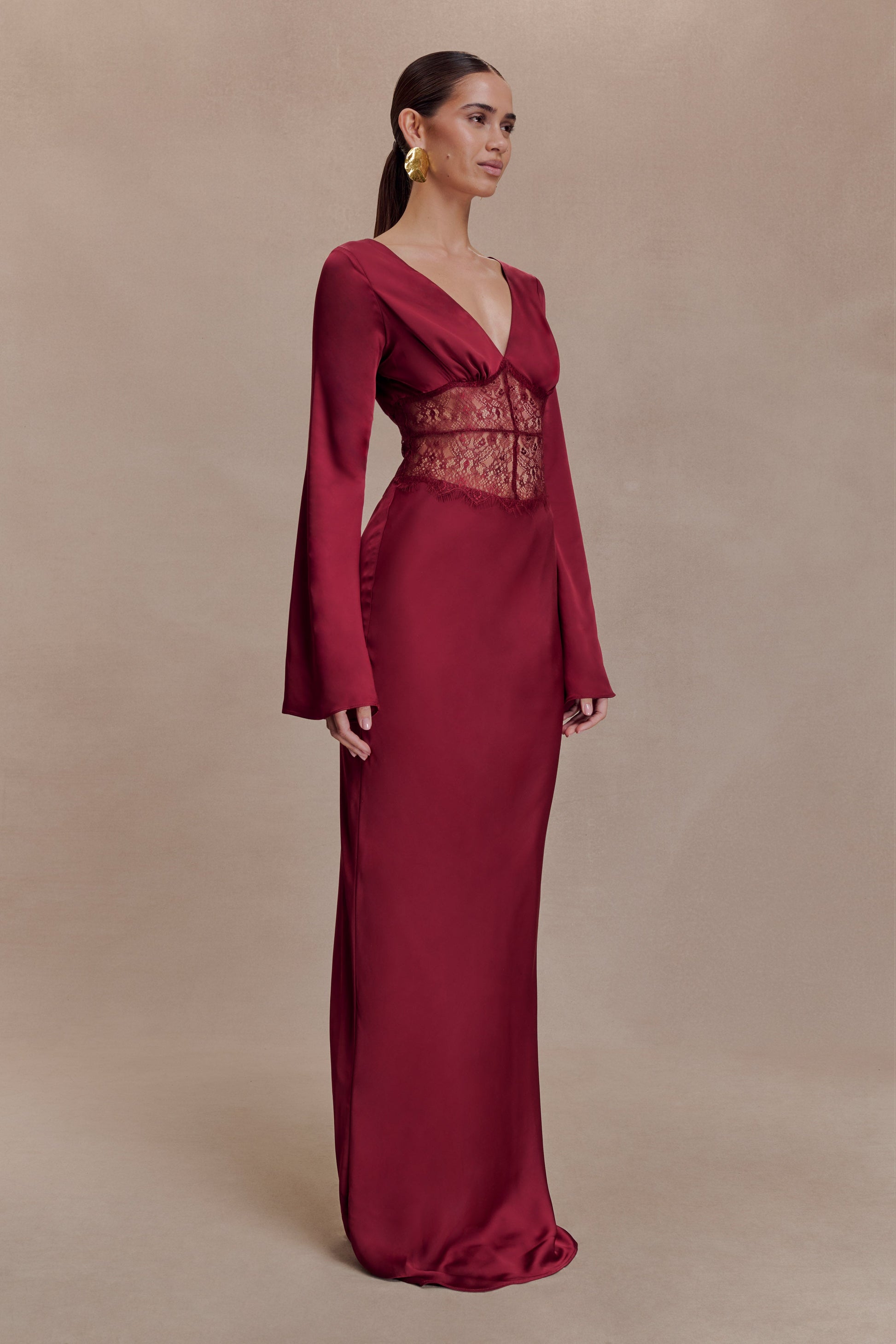 Kaya Long Sleeve Satin And Mesh Maxi Dress / Wine | MESHKI | XS Kaya Long Sleeve Satin And Mesh Maxi Dress / Wine | MESHKI | XS