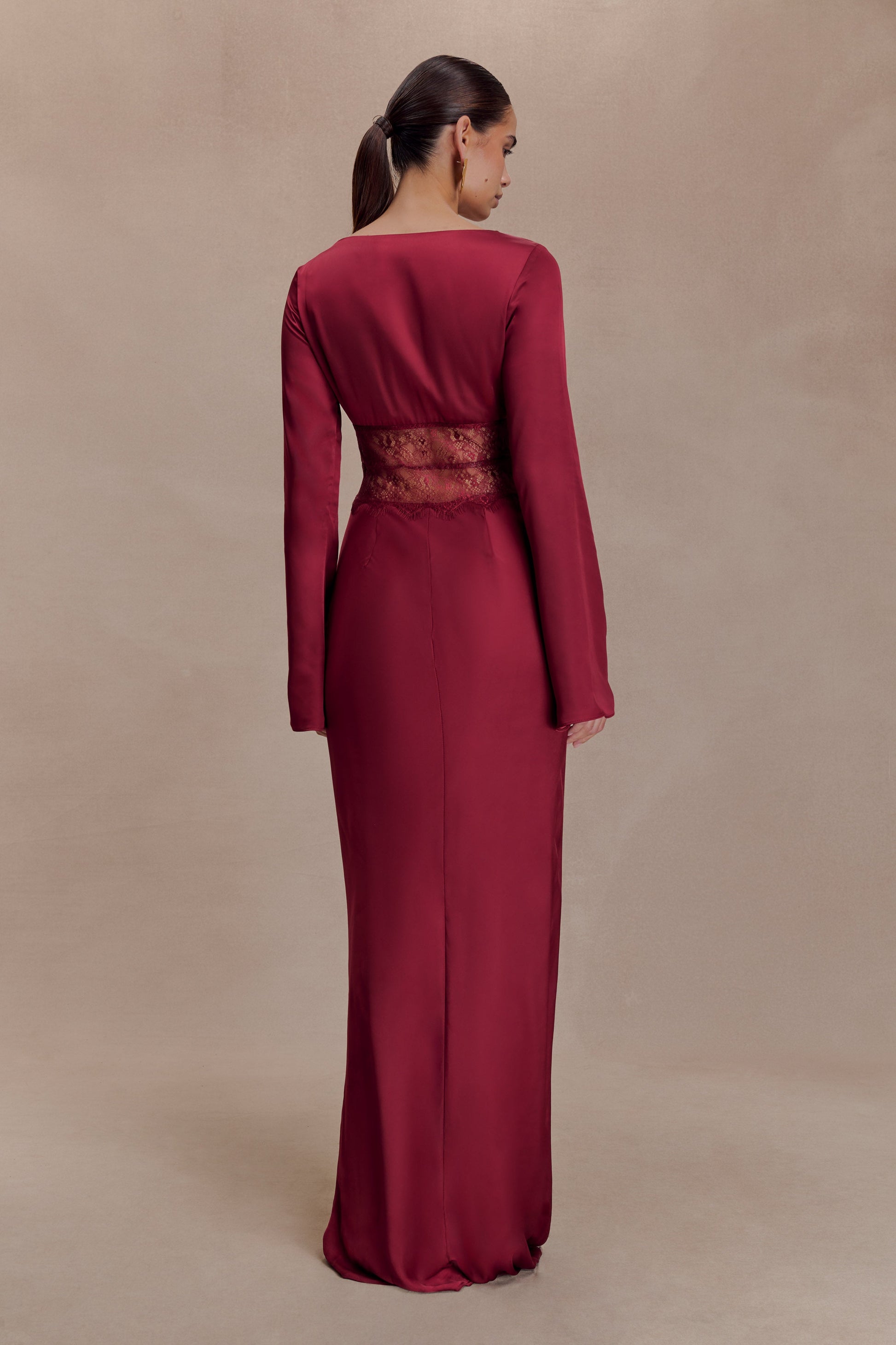 Kaya Long Sleeve Satin And Mesh Maxi Dress / Wine | MESHKI | XS Kaya Long Sleeve Satin And Mesh Maxi Dress / Wine | MESHKI | XS