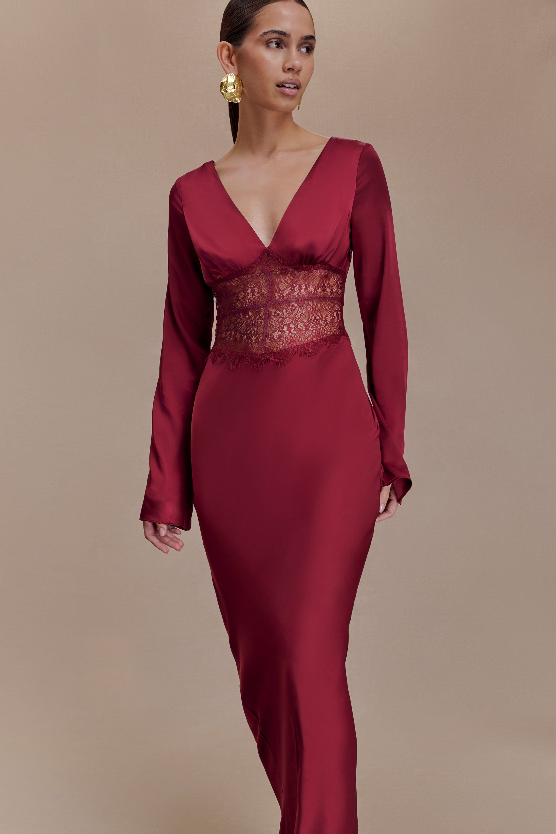 Kaya Long Sleeve Satin And Mesh Maxi Dress / Wine | MESHKI