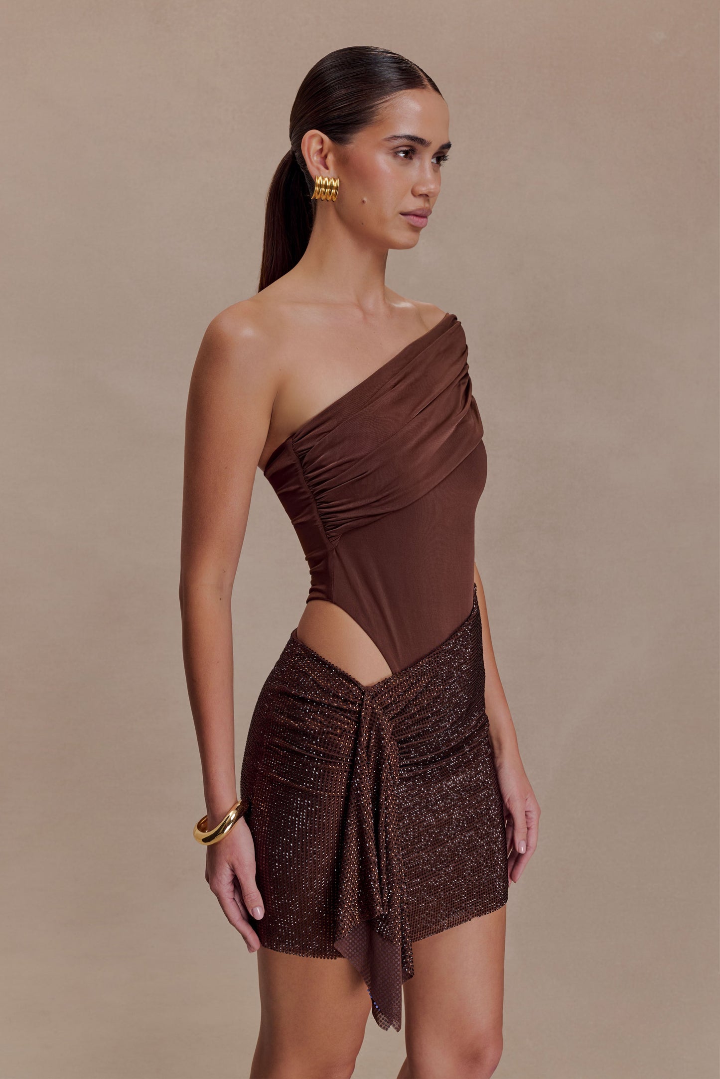 Paisley Slinky And Diamante Mini Dress - Chocolate