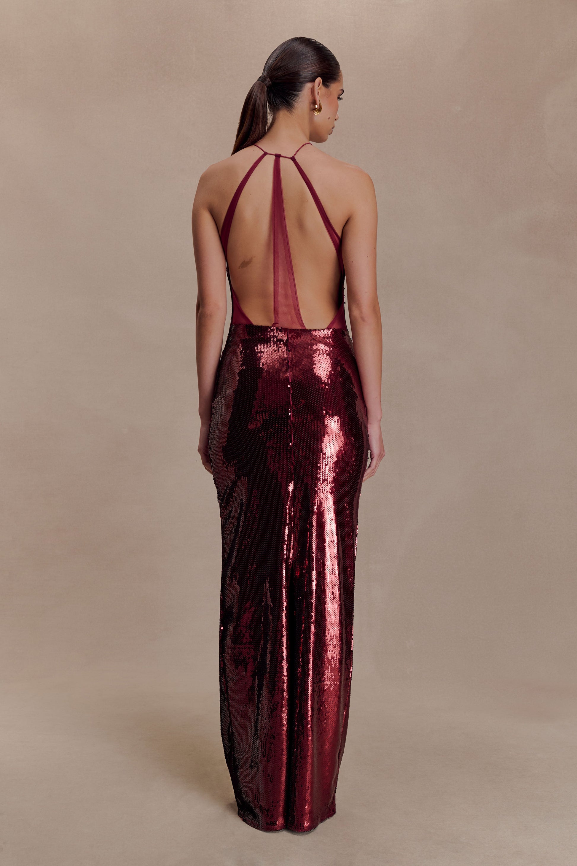 Baldwin Sequin Cut Out Maxi Dress - Mahogany | MESHKI US Baldwin Sequin Cut Out Maxi Dress - Mahogany | MESHKI US