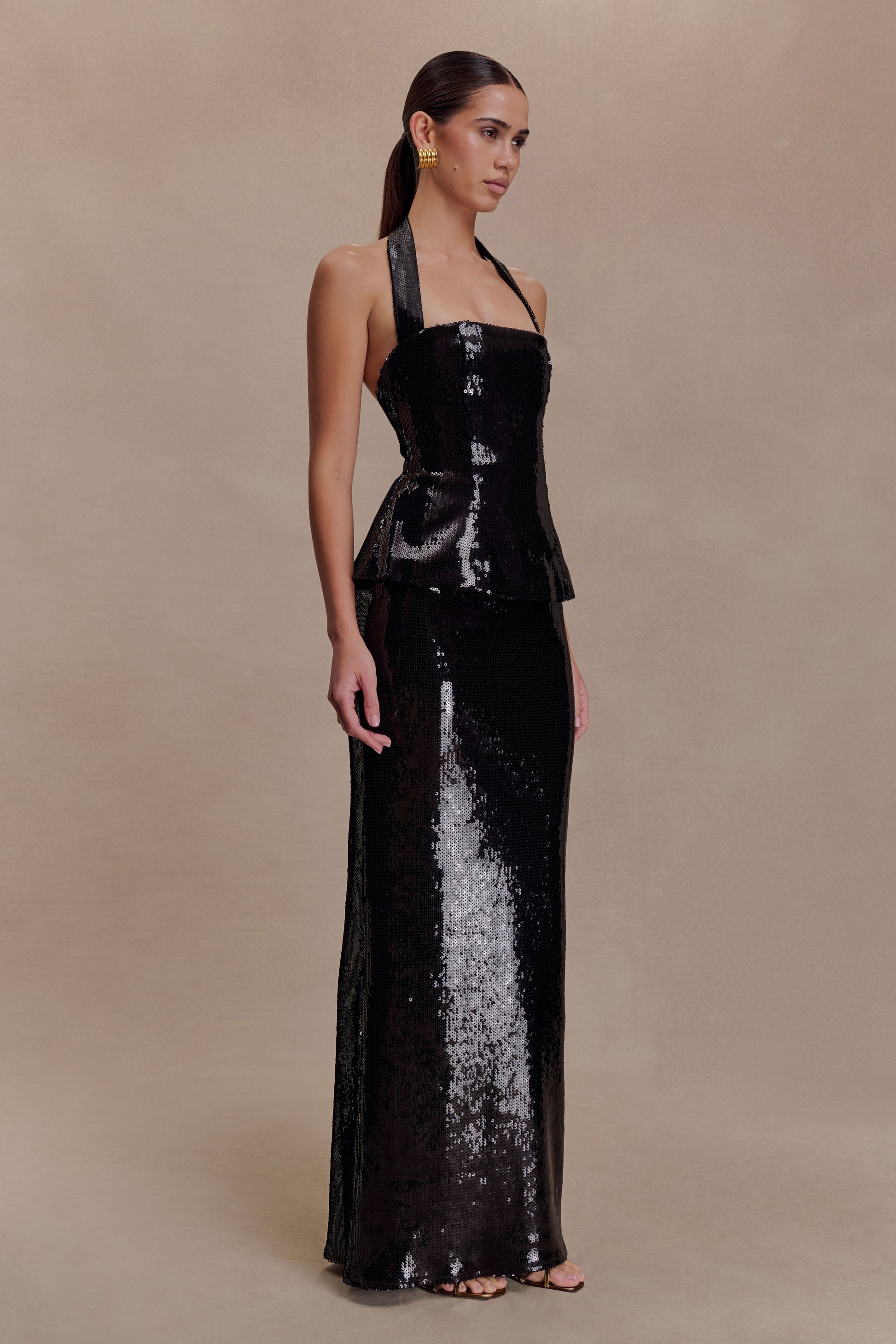 Bertie Sequin Peplum Halter Maxi Dress - Black #6