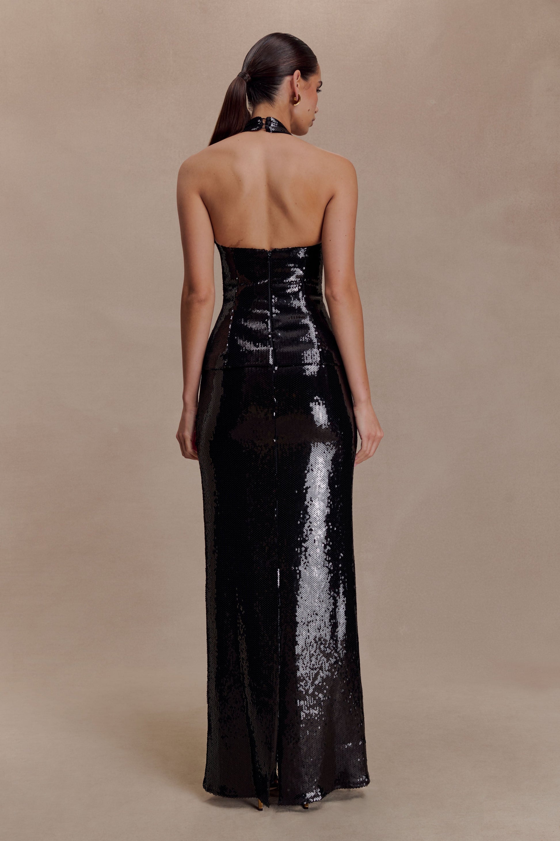 Bertie Sequin Peplum Halter Maxi Dress / Black | MESHKI