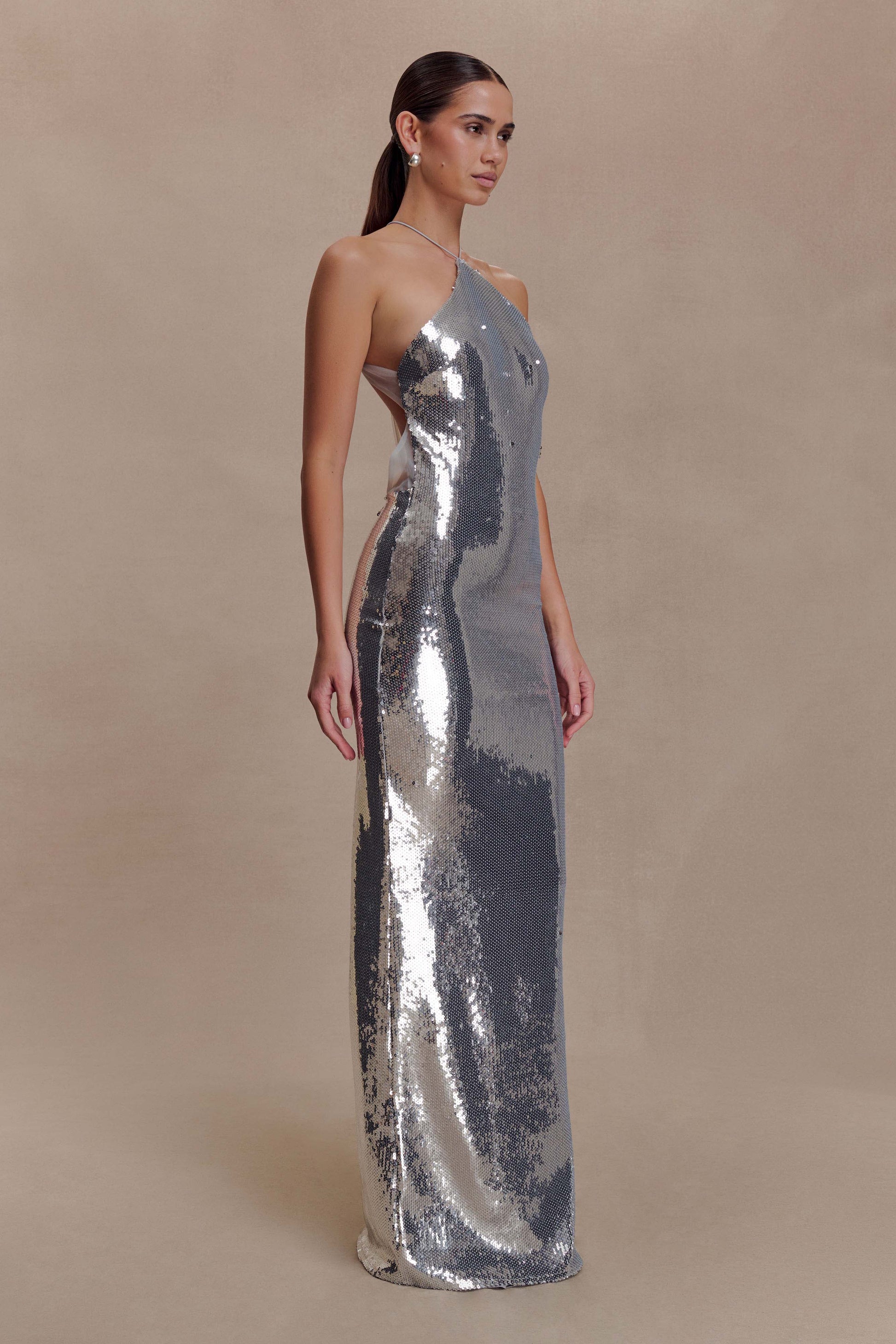 Baldwin Sequin Cut Out Maxi Dress / Silver | MESHKI