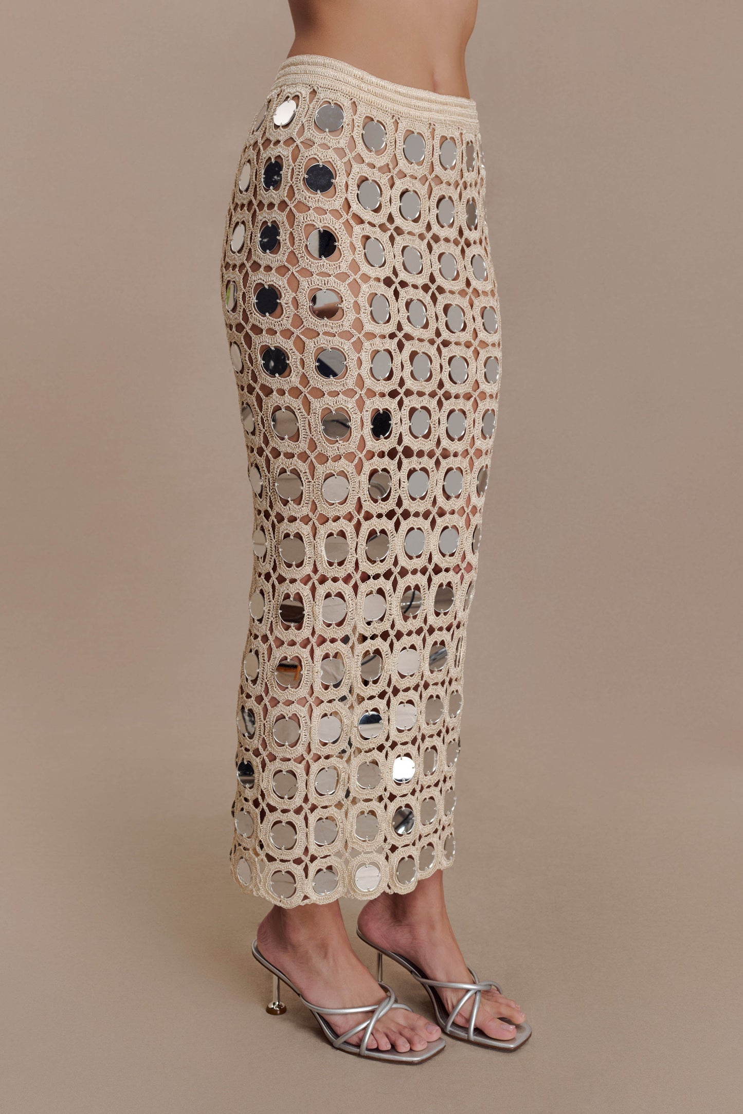Noel Mirror Knit Midi Skirt - Beige