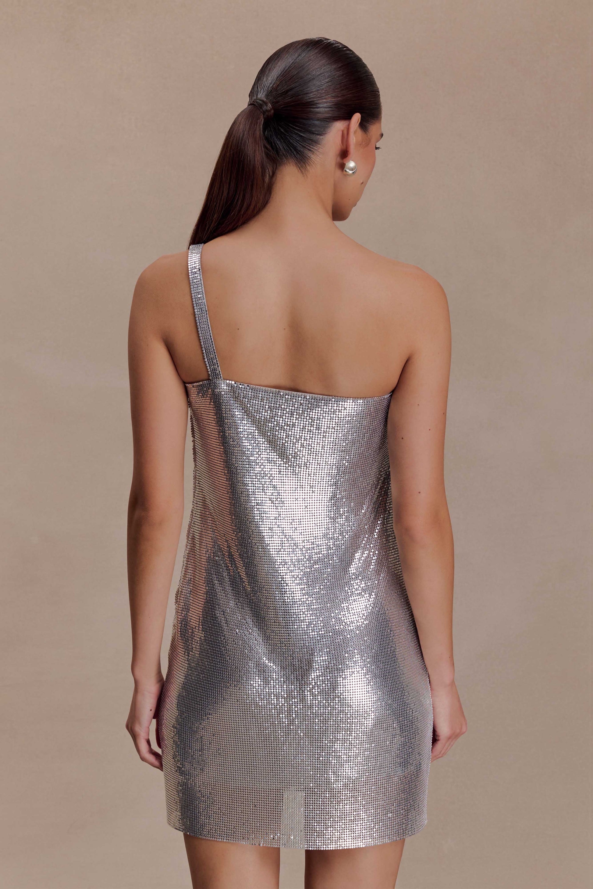 Lyle One Shoulder Glow Mesh Mini Dress - Silver | MESHKI US Lyle One Shoulder Glow Mesh Mini Dress - Silver | MESHKI US