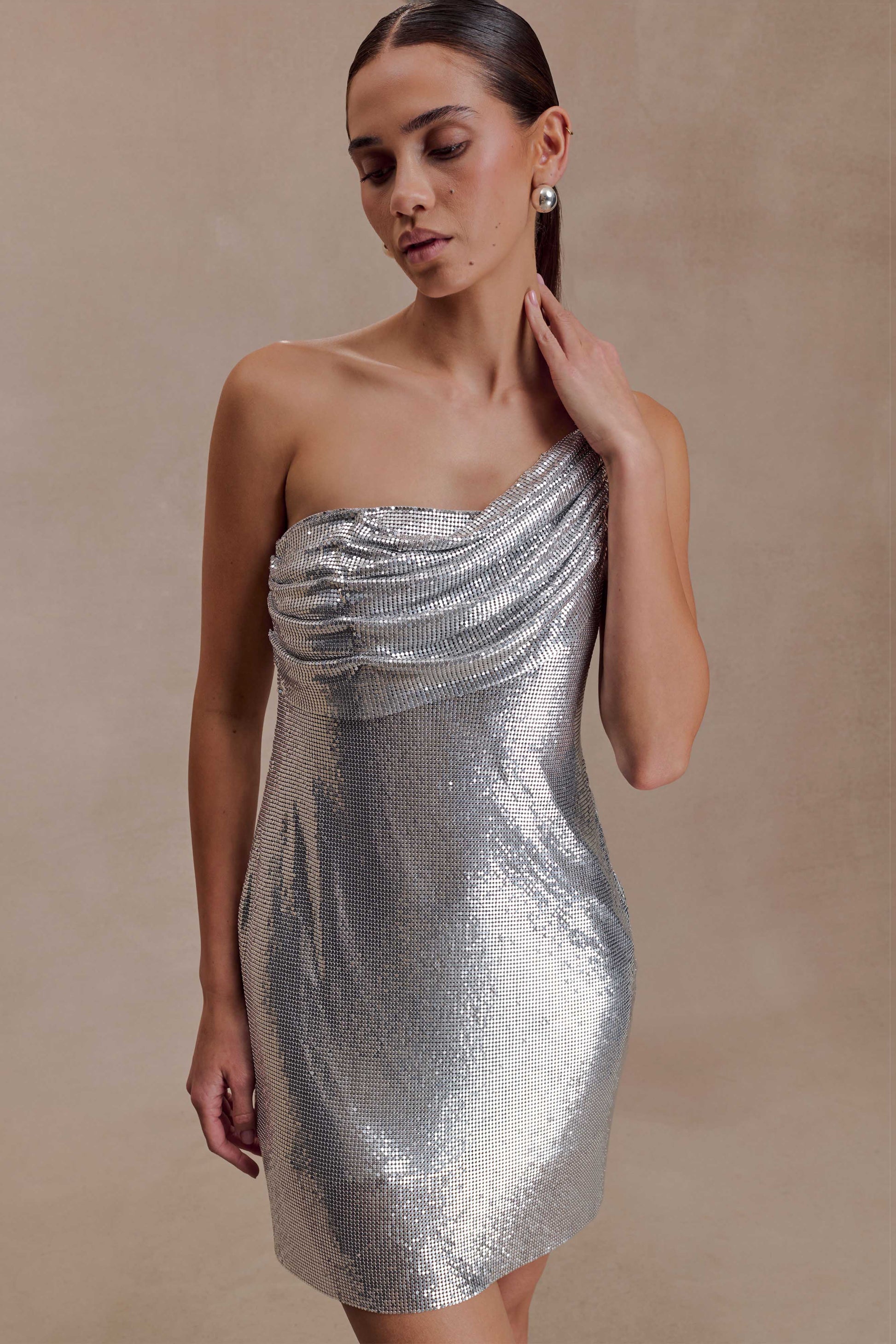 Lyle One Shoulder Glow Mesh Mini Dress - Silver #5