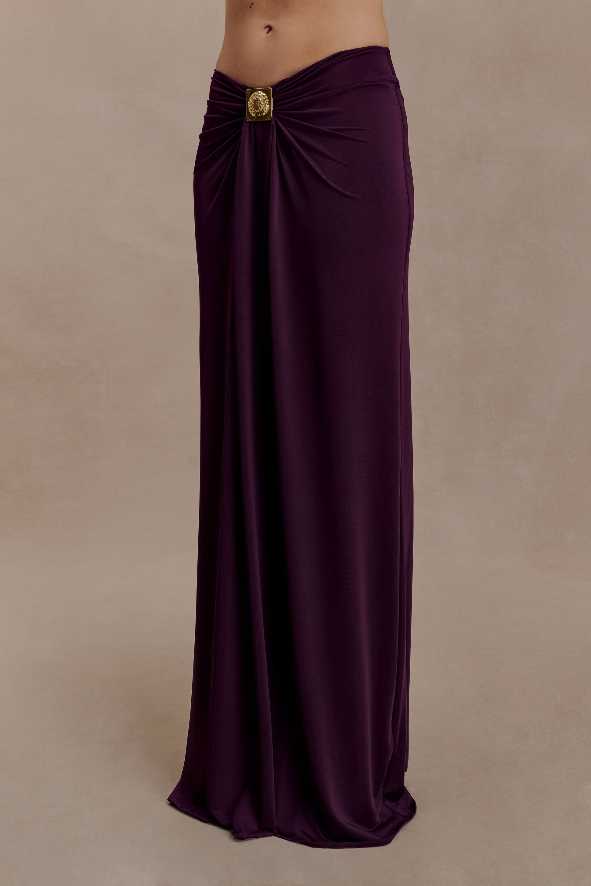 Erina Slinky Ruched Maxi Skirt With Hardware - Aubergine #4