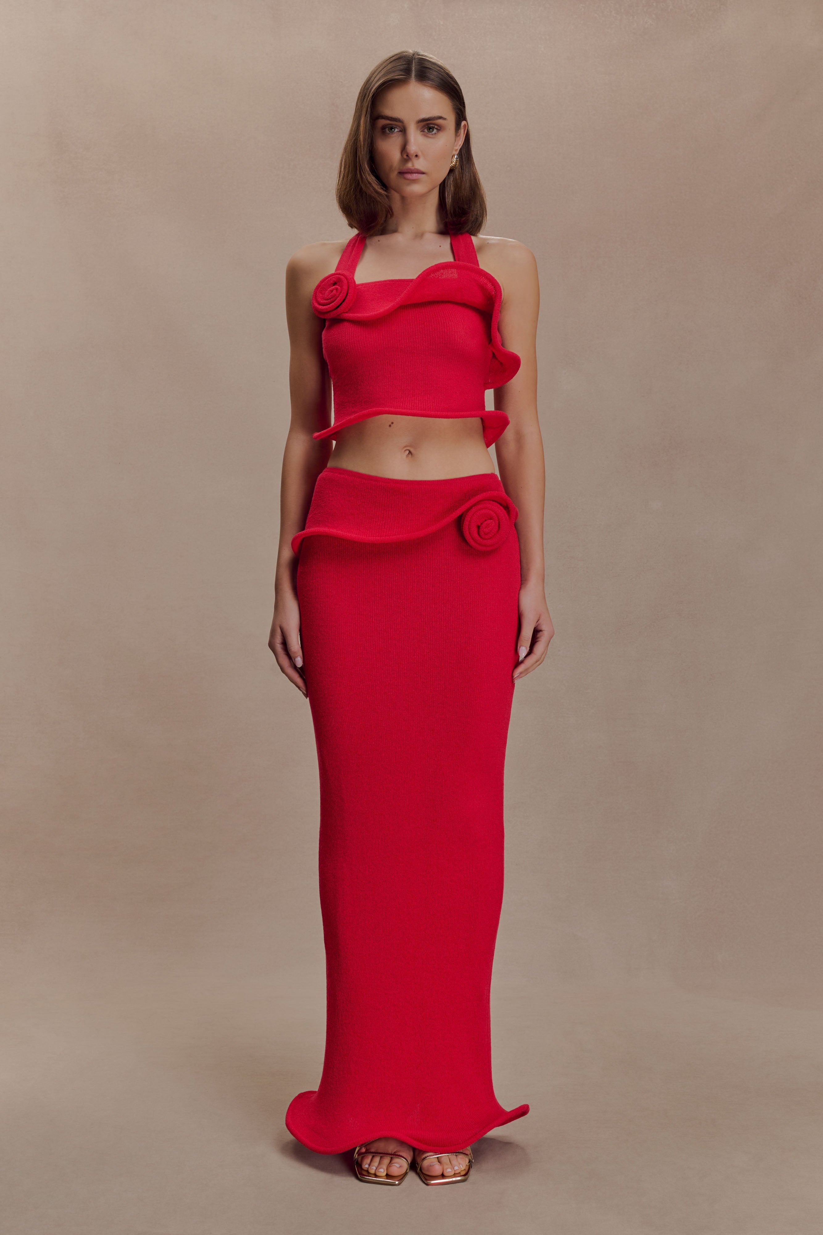 Samira Knit Wired Maxi Skirt - Red | MESHKI US
