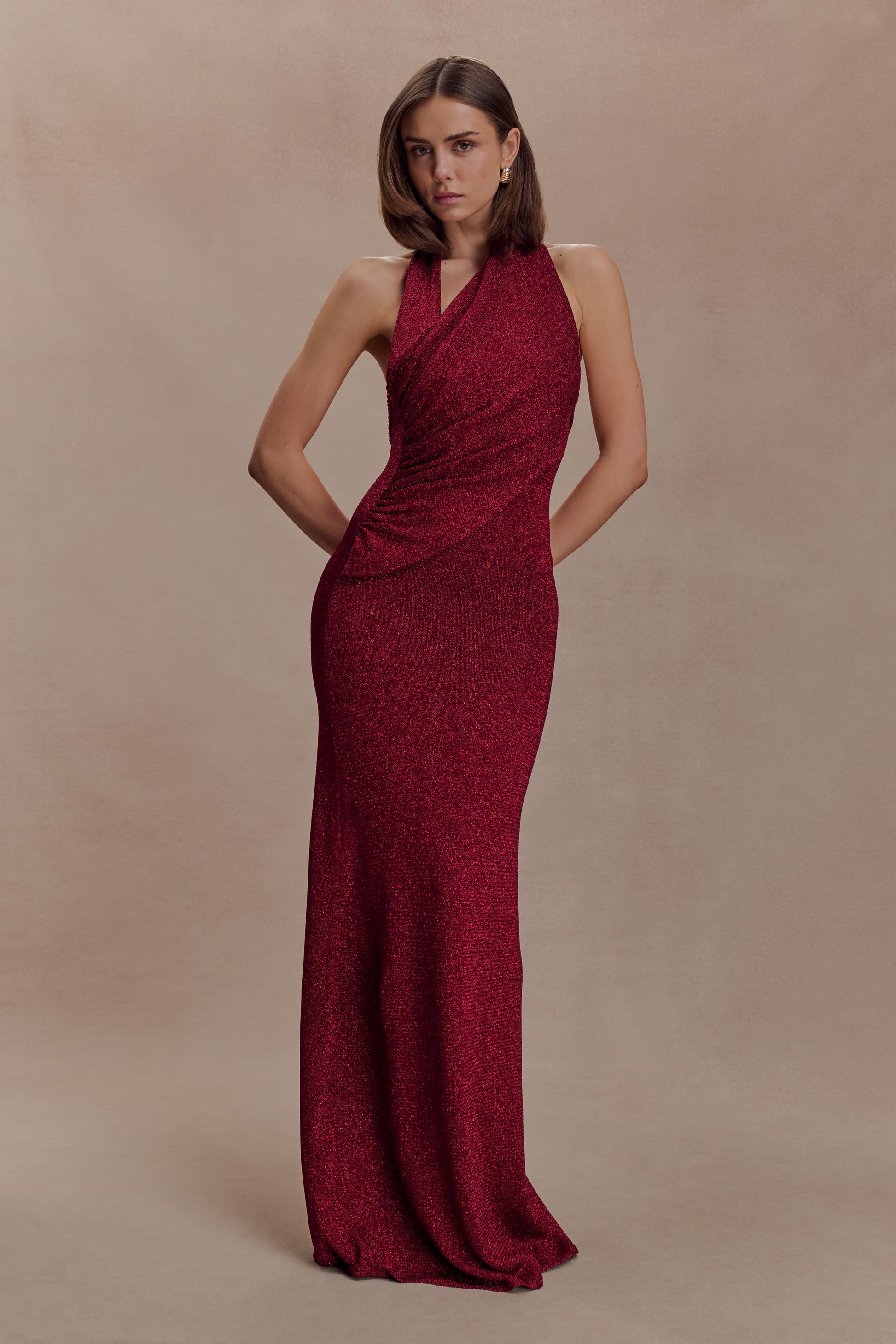 Elma Lurex Knit Halter Maxi Dress / Deep Red | MESHKI | L Elma Lurex Knit Halter Maxi Dress / Deep Red | MESHKI | L