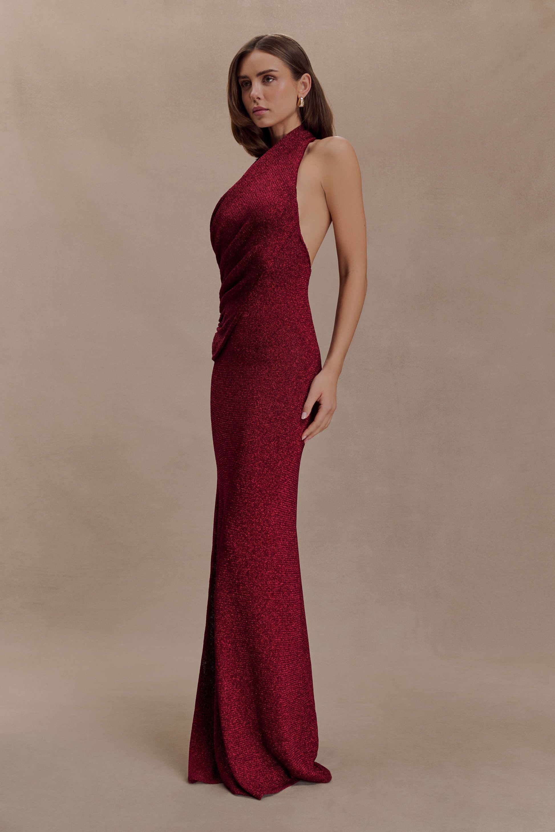 Elma Lurex Knit Halter Maxi Dress - Deep Red Elma Lurex Knit Halter Maxi Dress - Deep Red