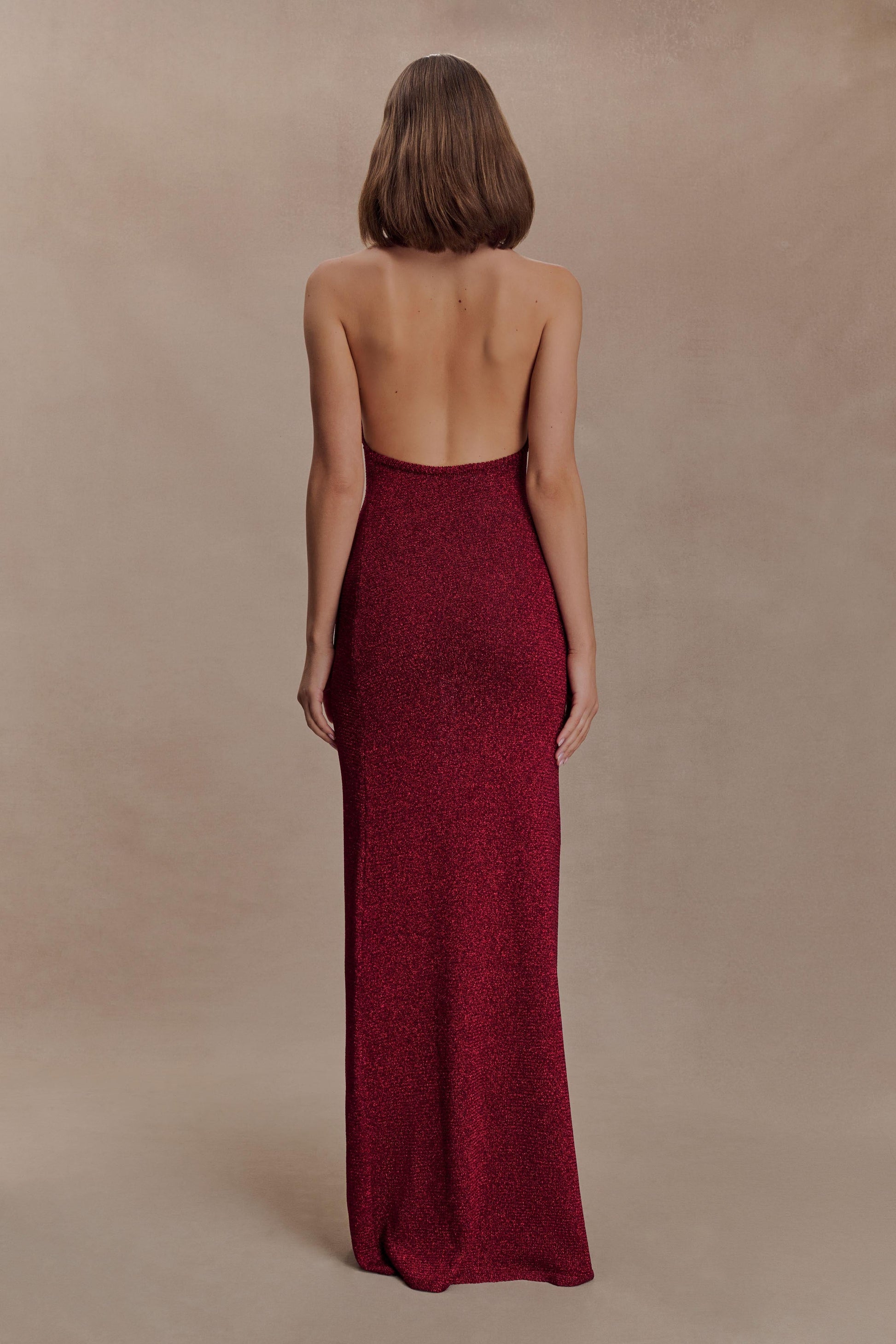 Elma Lurex Knit Halter Maxi Dress / Deep Red | MESHKI | L Elma Lurex Knit Halter Maxi Dress / Deep Red | MESHKI | L