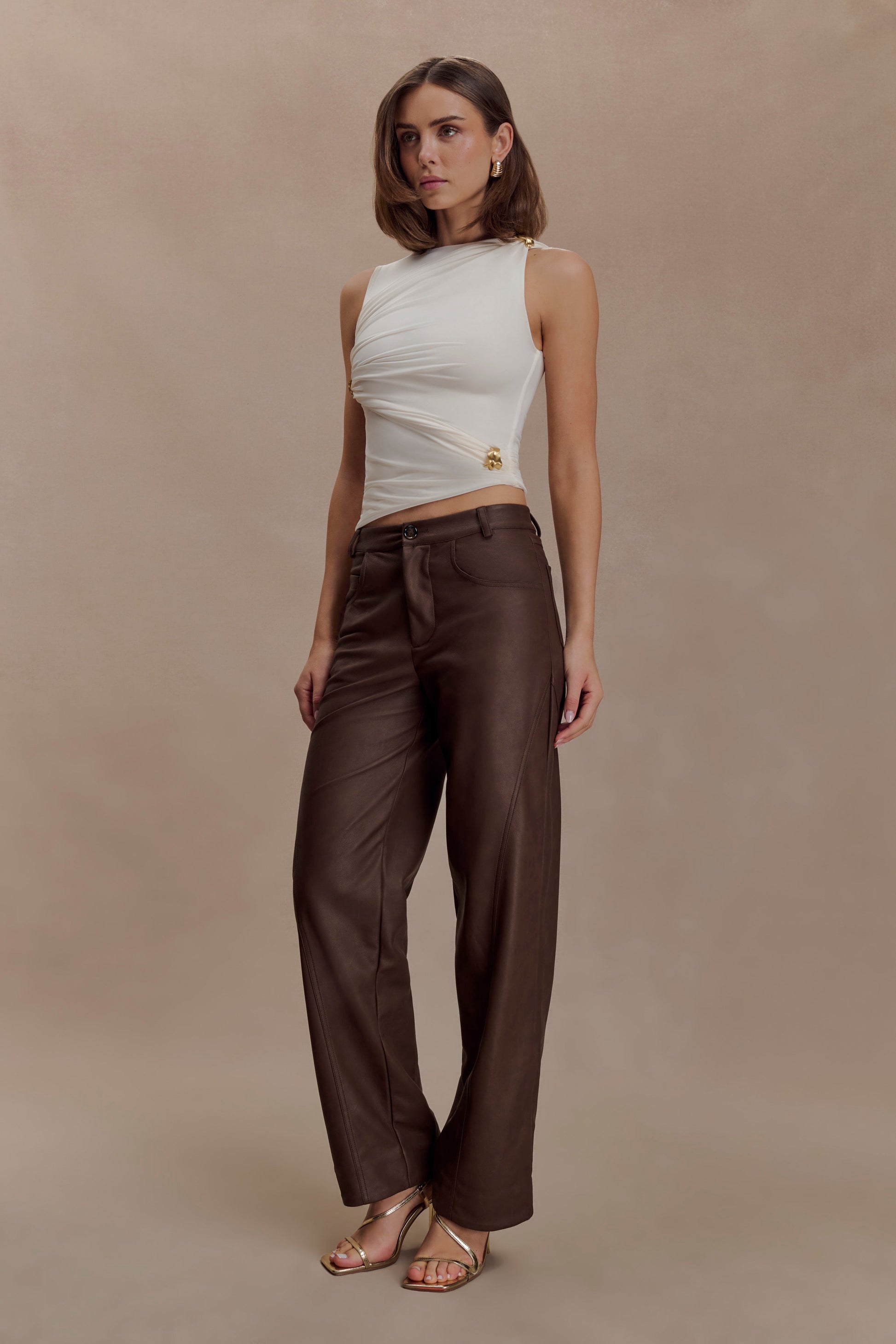 Theo Faux Leather Mid Rise Pants - Dark Chocolate #3