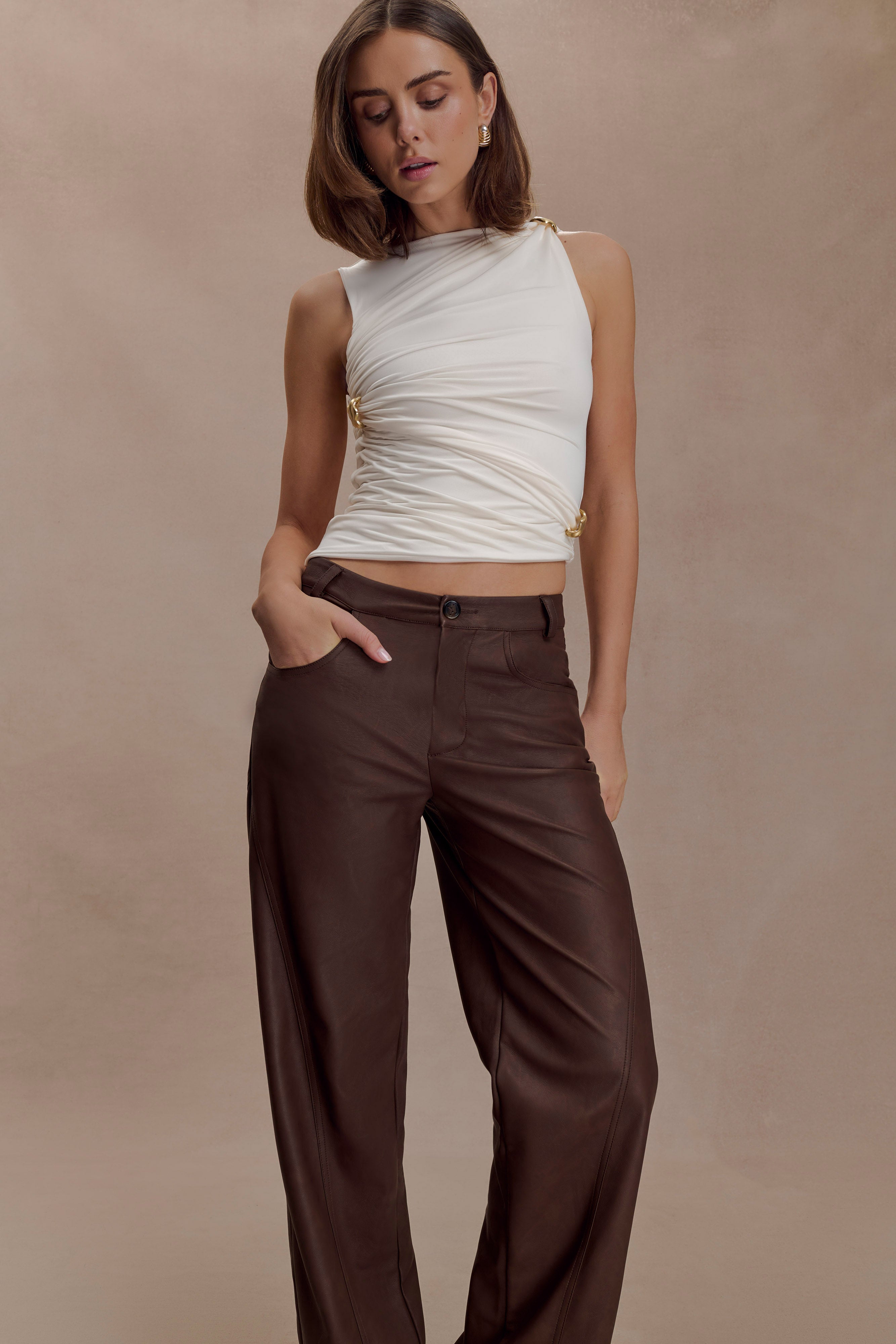 Theo Faux Leather Mid Rise Pants - Dark Chocolate | MESHKI US