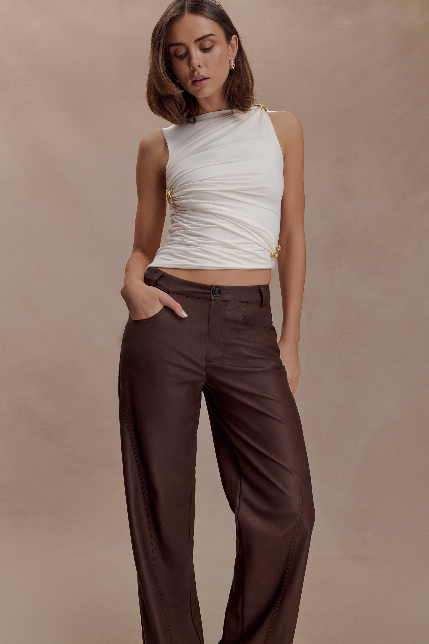 Theo Faux Leather Mid Rise Pants - Dark Chocolate