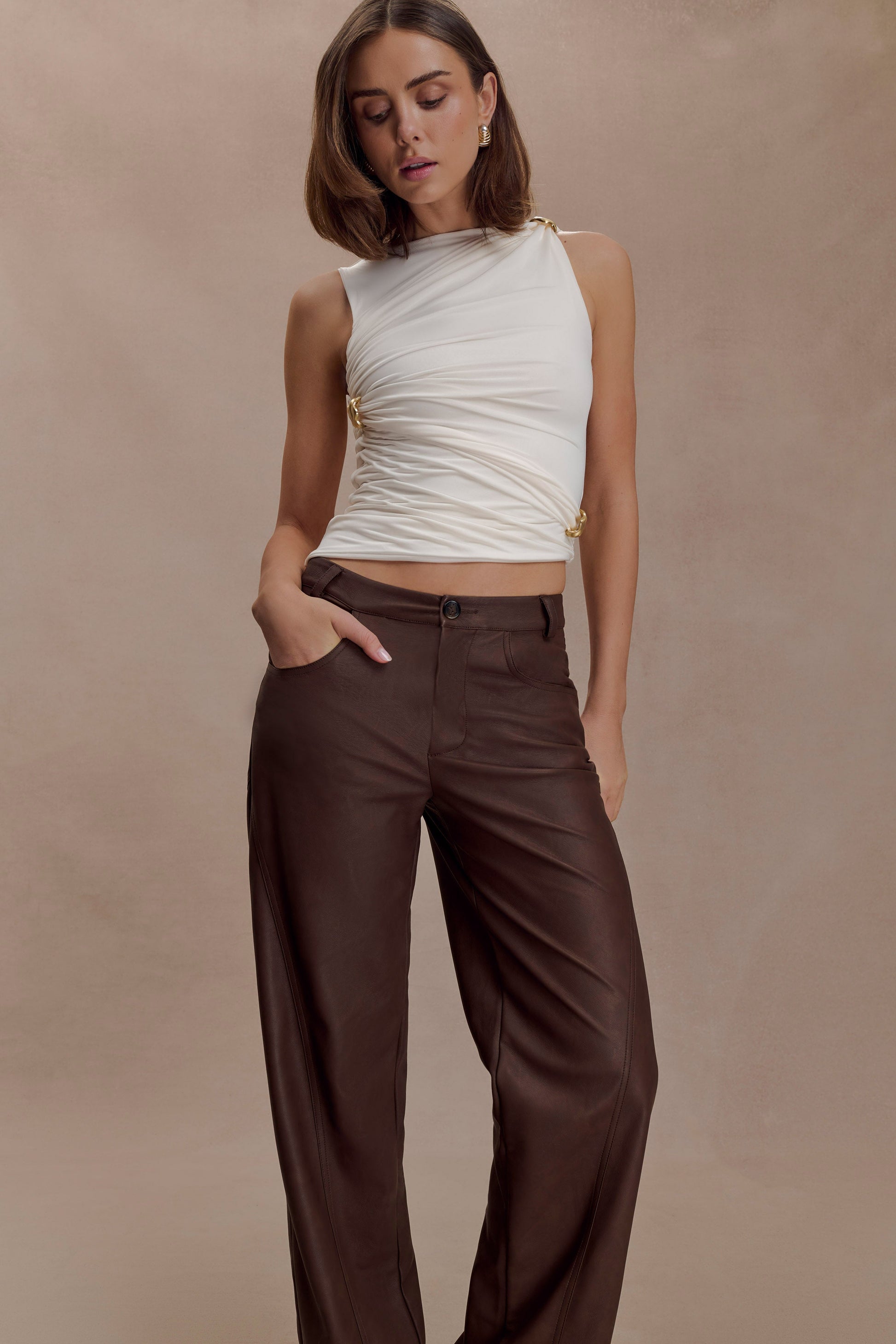 Theo Faux Leather Mid Rise Pants - Dark Chocolate #4