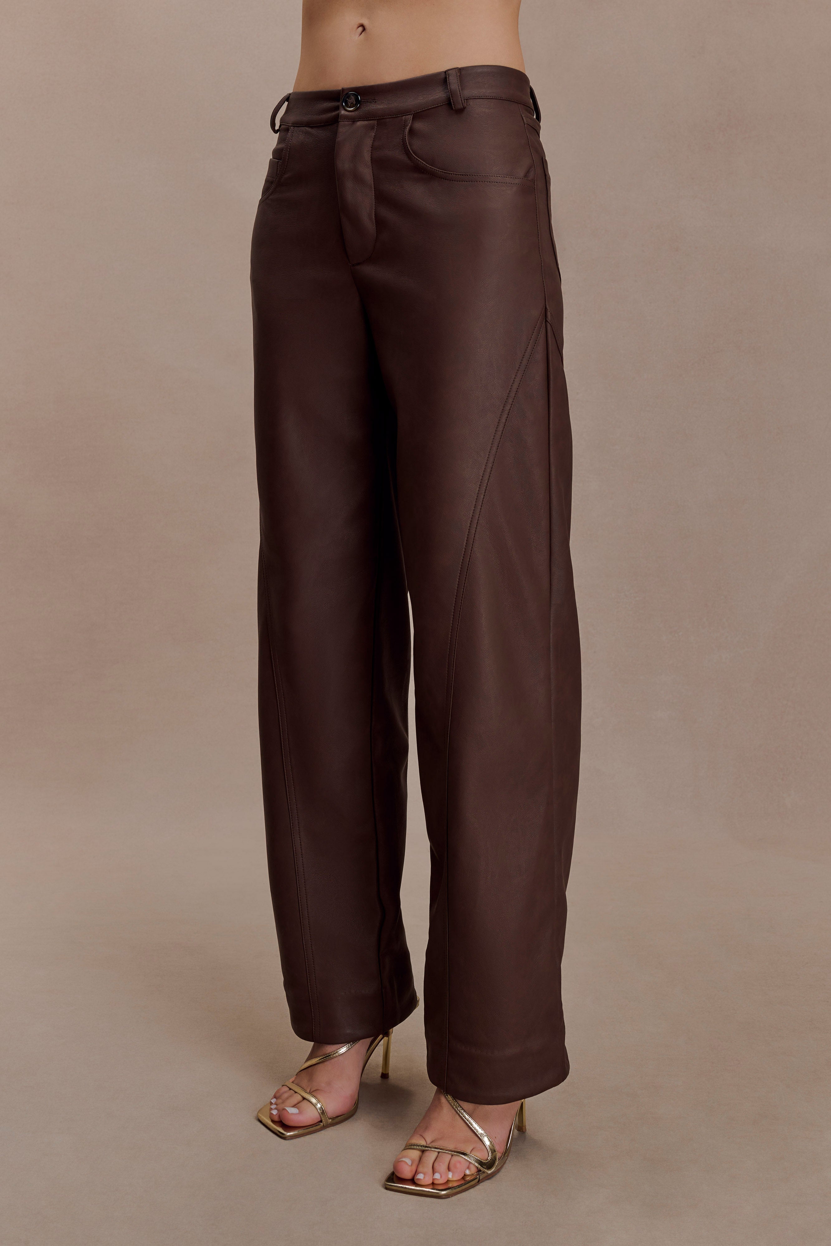 Theo Faux Leather Mid Rise Pants - Dark Chocolate | MESHKI US
