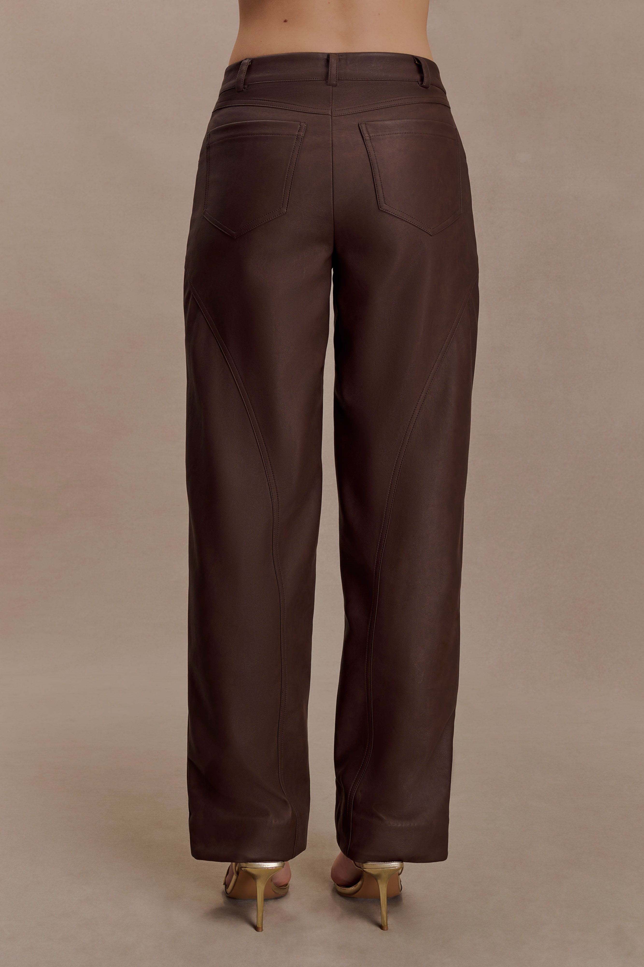Theo Faux Leather Mid Rise Pants - Dark Chocolate | MESHKI US
