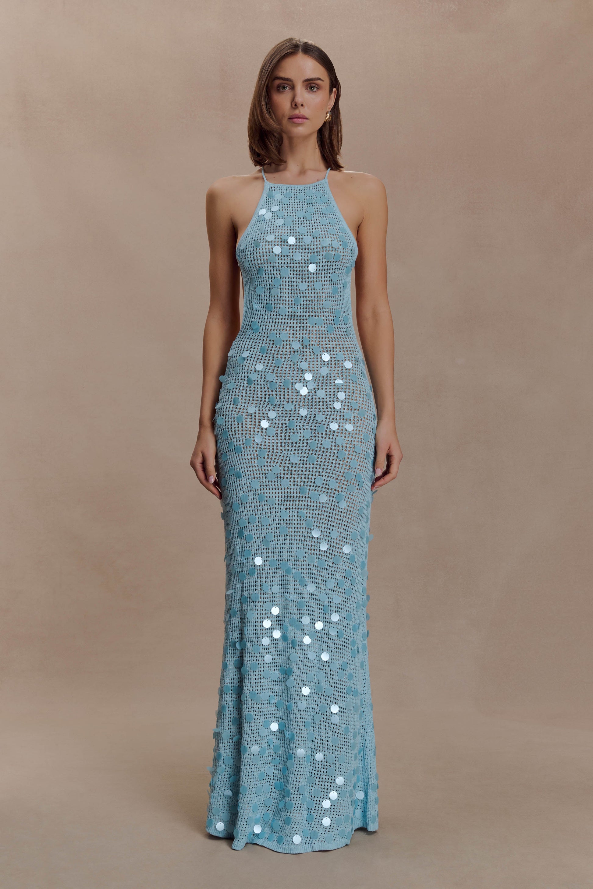 Carmen Crochet Sequin Maxi Open Back Dress - Blue #5