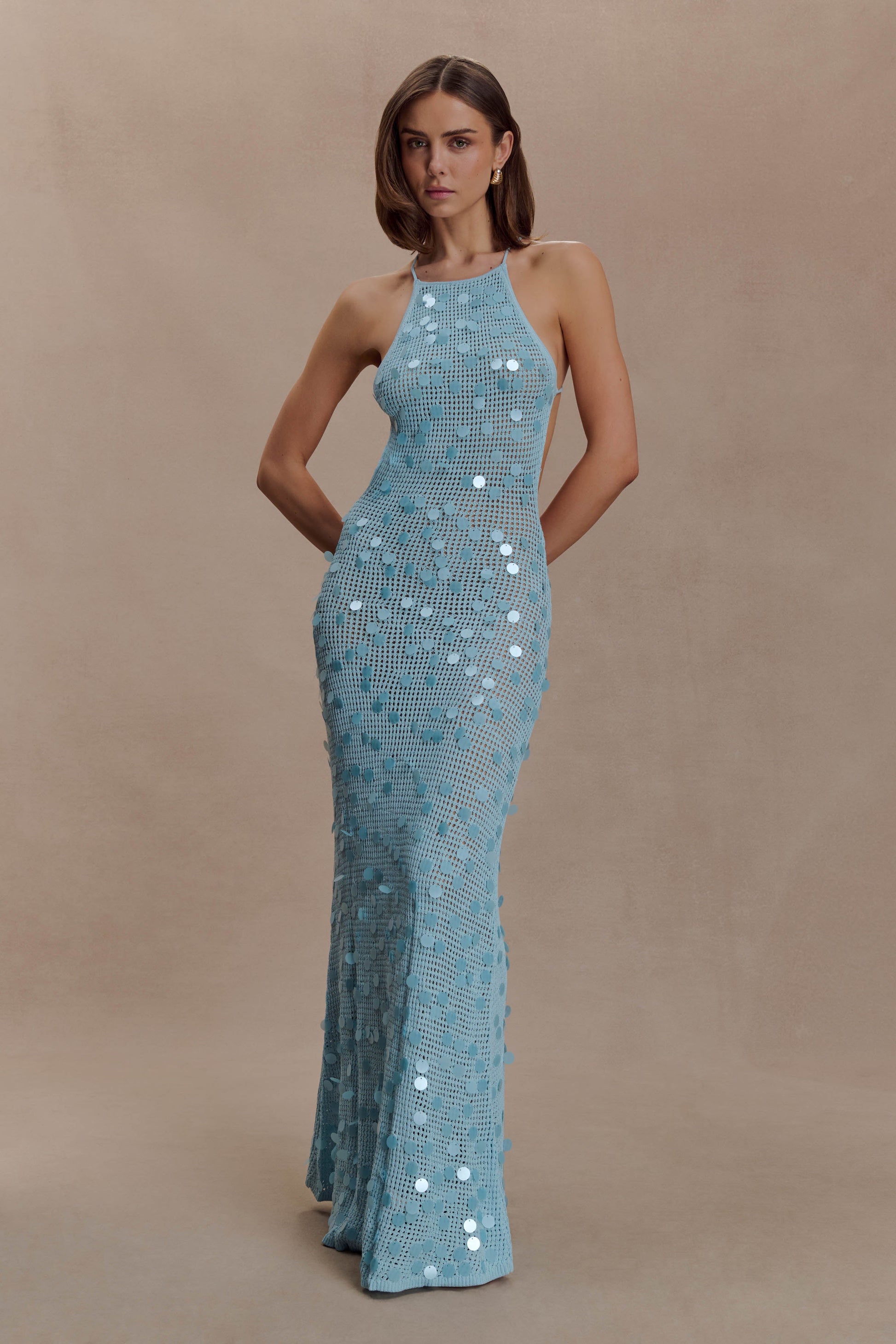 Carmen Crochet Sequin Maxi Open Back Dress - Blue | MESHKI US Carmen Crochet Sequin Maxi Open Back Dress - Blue | MESHKI US