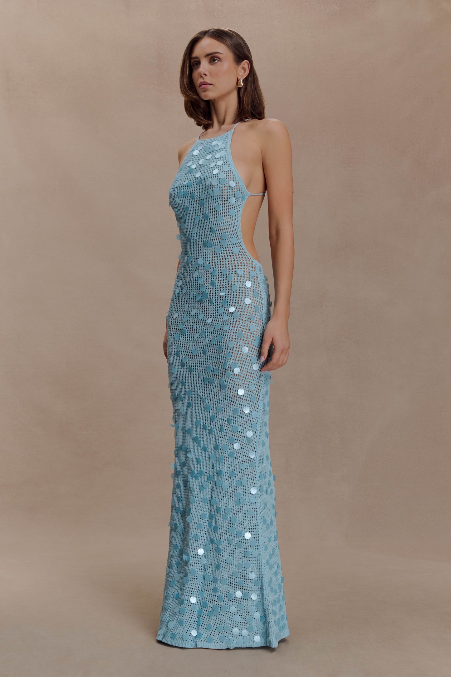 Carmen Crochet Sequin Maxi Open Back Dress - Blue