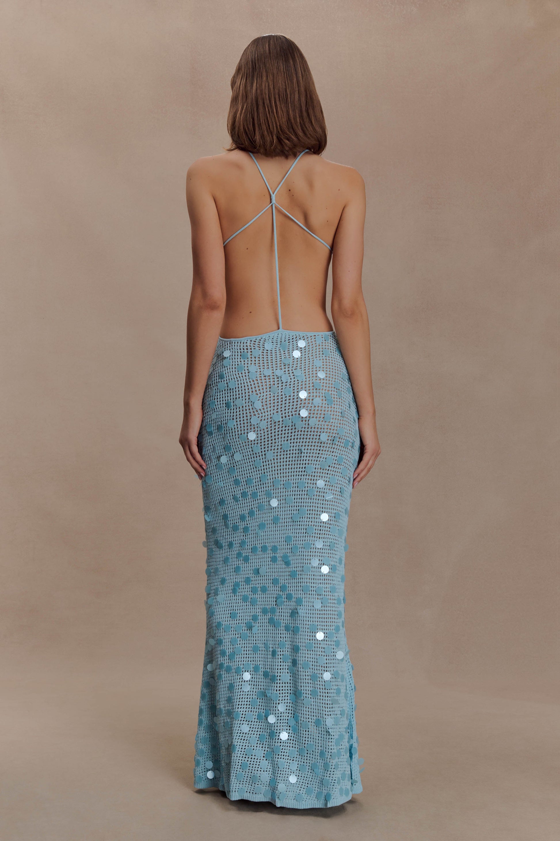 Carmen Crochet Sequin Maxi Open Back Dress - Blue | MESHKI US Carmen Crochet Sequin Maxi Open Back Dress - Blue | MESHKI US