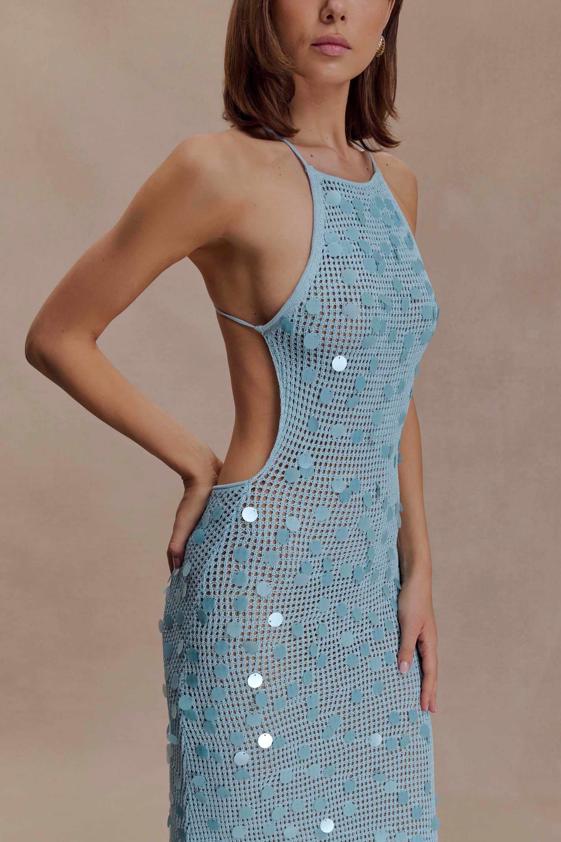 Carmen Crochet Sequin Maxi Open Back Dress - Blue #3
