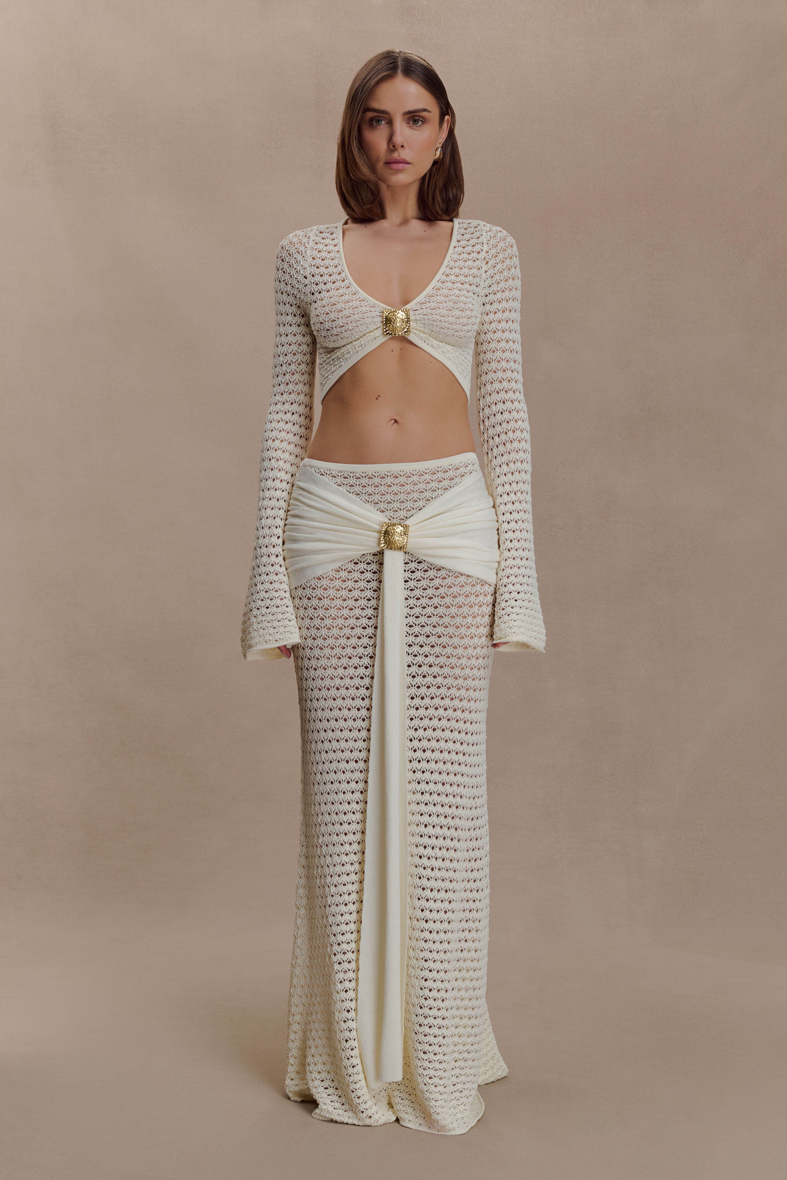 Mania Crochet Long Sleeve Cropped Top - Ivory | MESHKI US