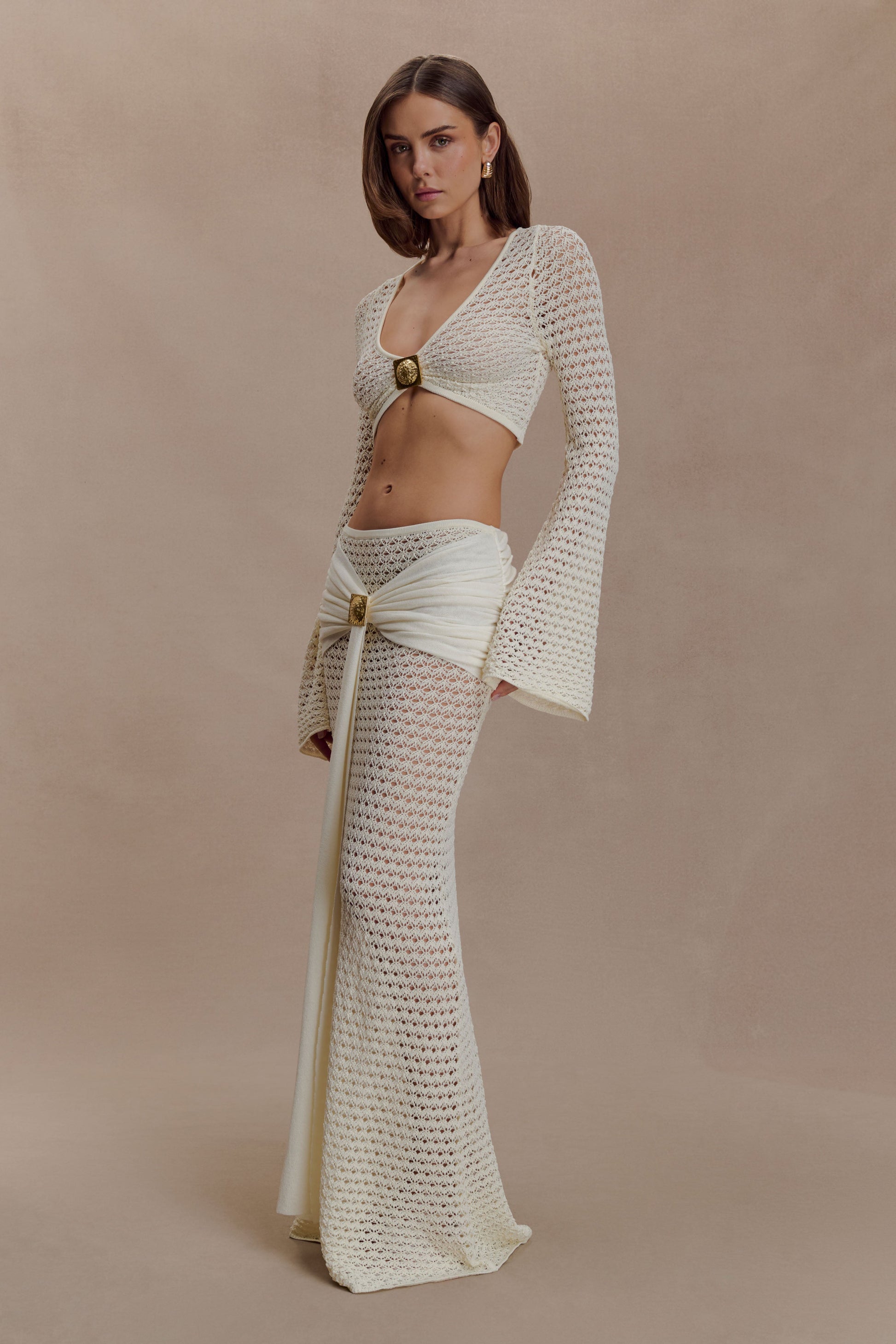 Mania Crochet Long Sleeve Cropped Top - Ivory #4