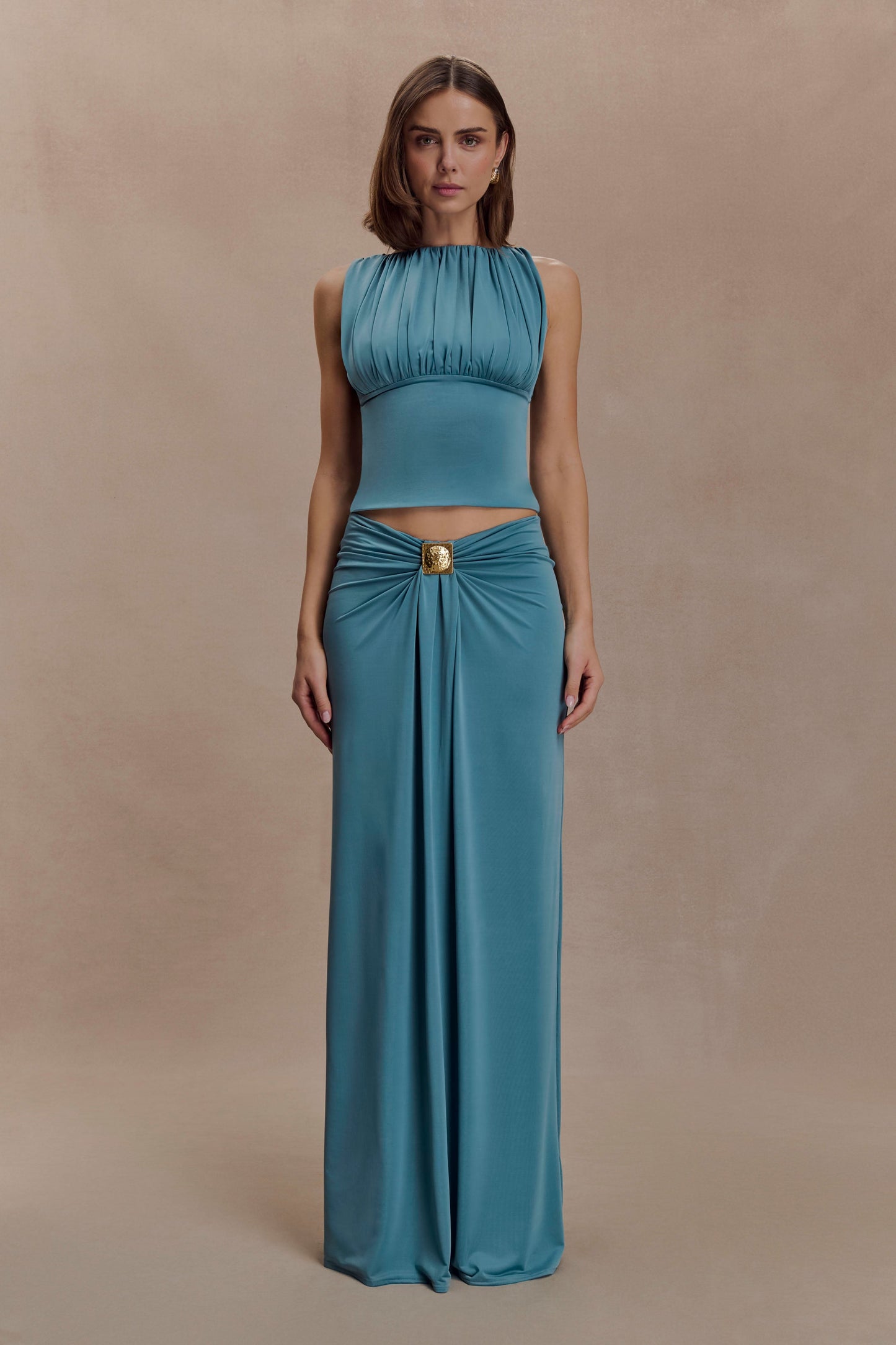 Erina Slinky Ruched Maxi Skirt With Hardware - Teal