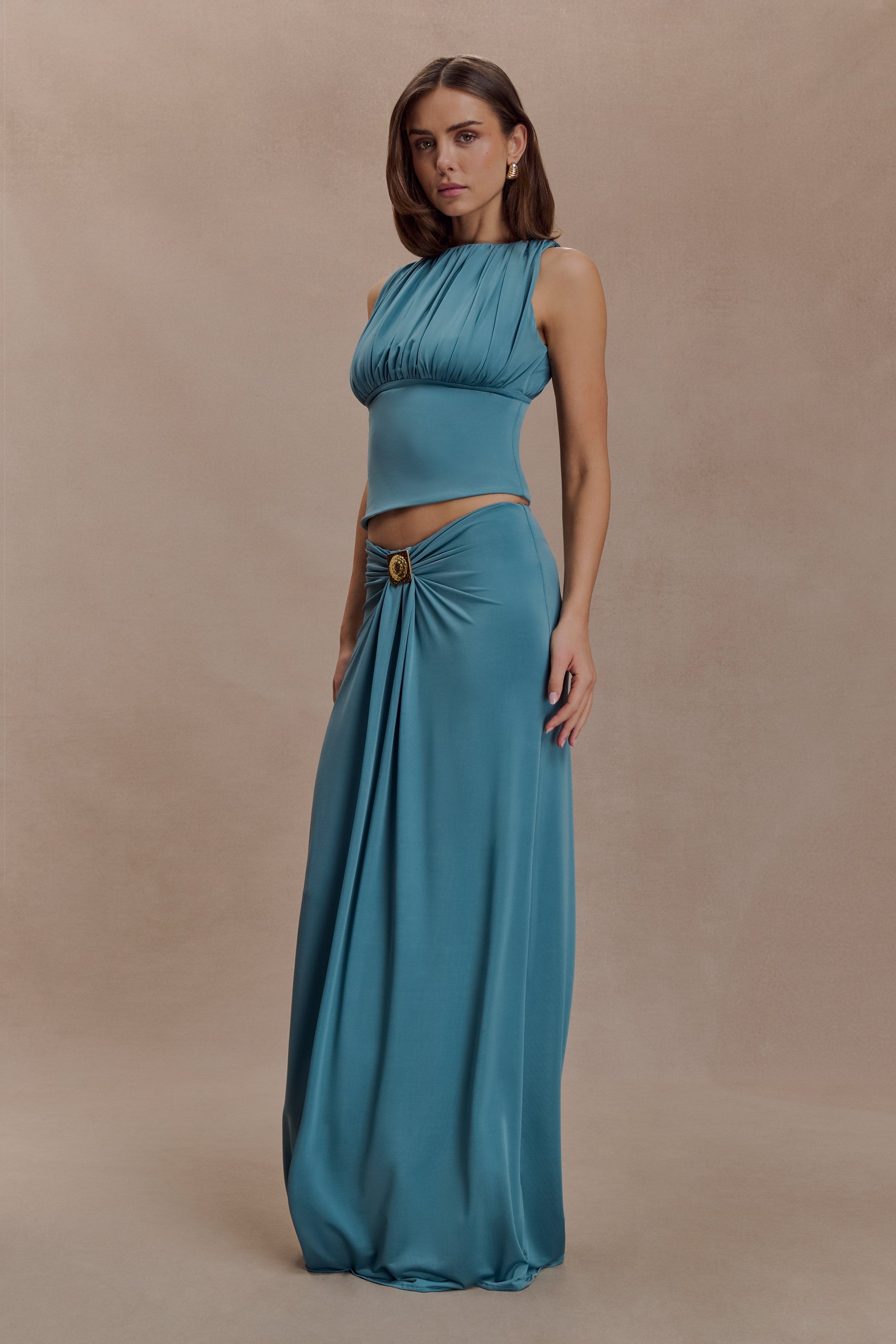 Erina Slinky Ruched Maxi Skirt With Hardware - Teal #3