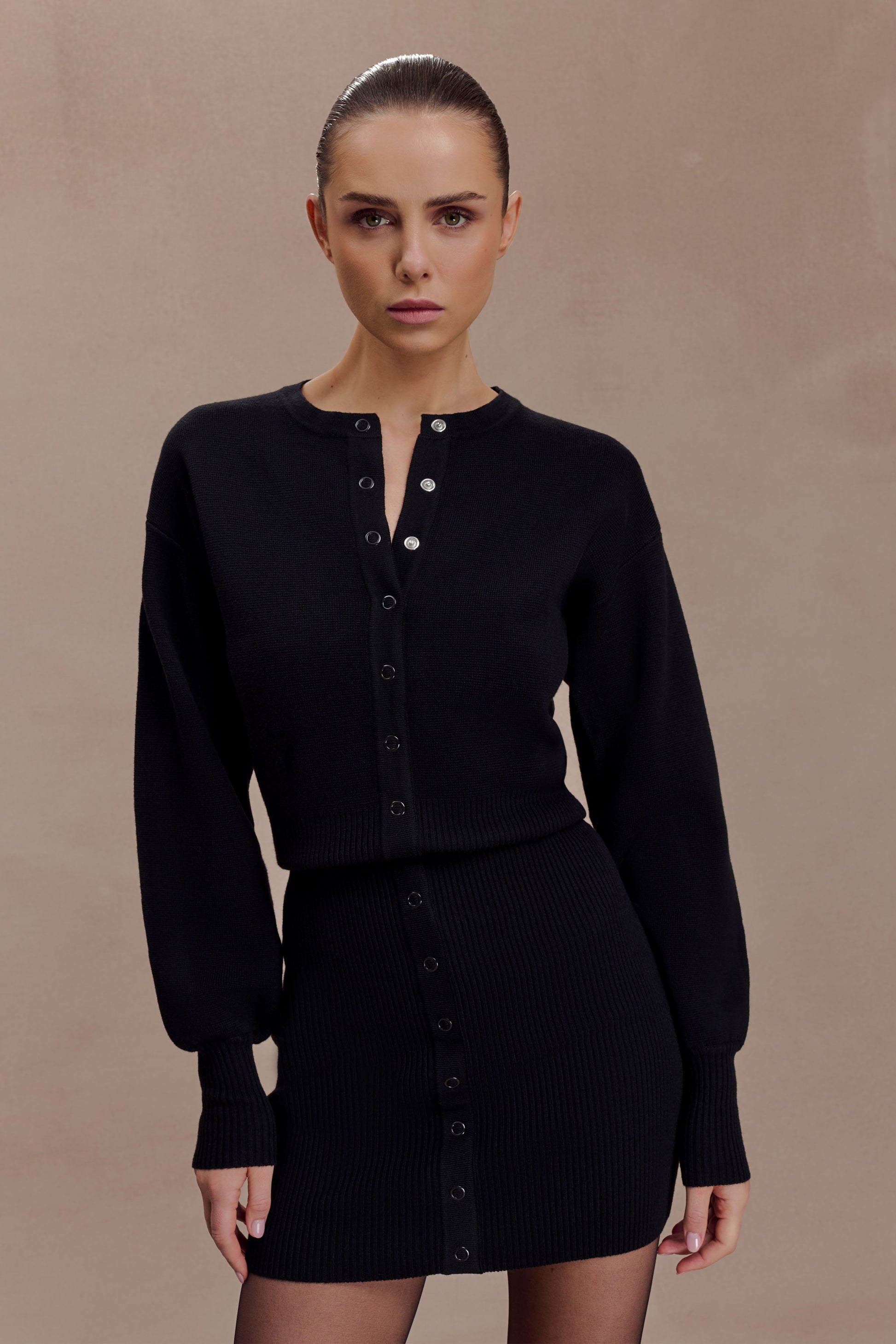 Xaden Wool Mix Knit Mini Dress - Black | MESHKI US Xaden Wool Mix Knit Mini Dress - Black | MESHKI US
