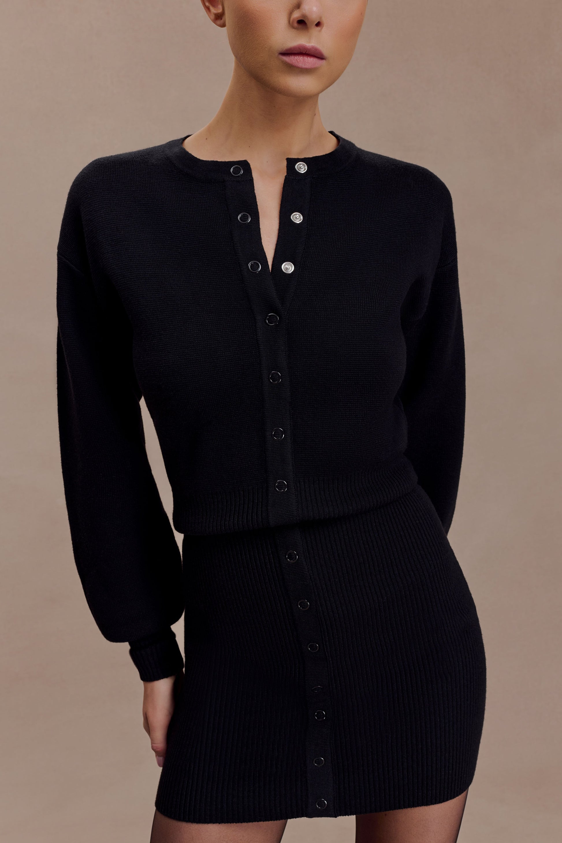 Xaden Wool Mix Knit Mini Dress - Black | MESHKI US Xaden Wool Mix Knit Mini Dress - Black | MESHKI US