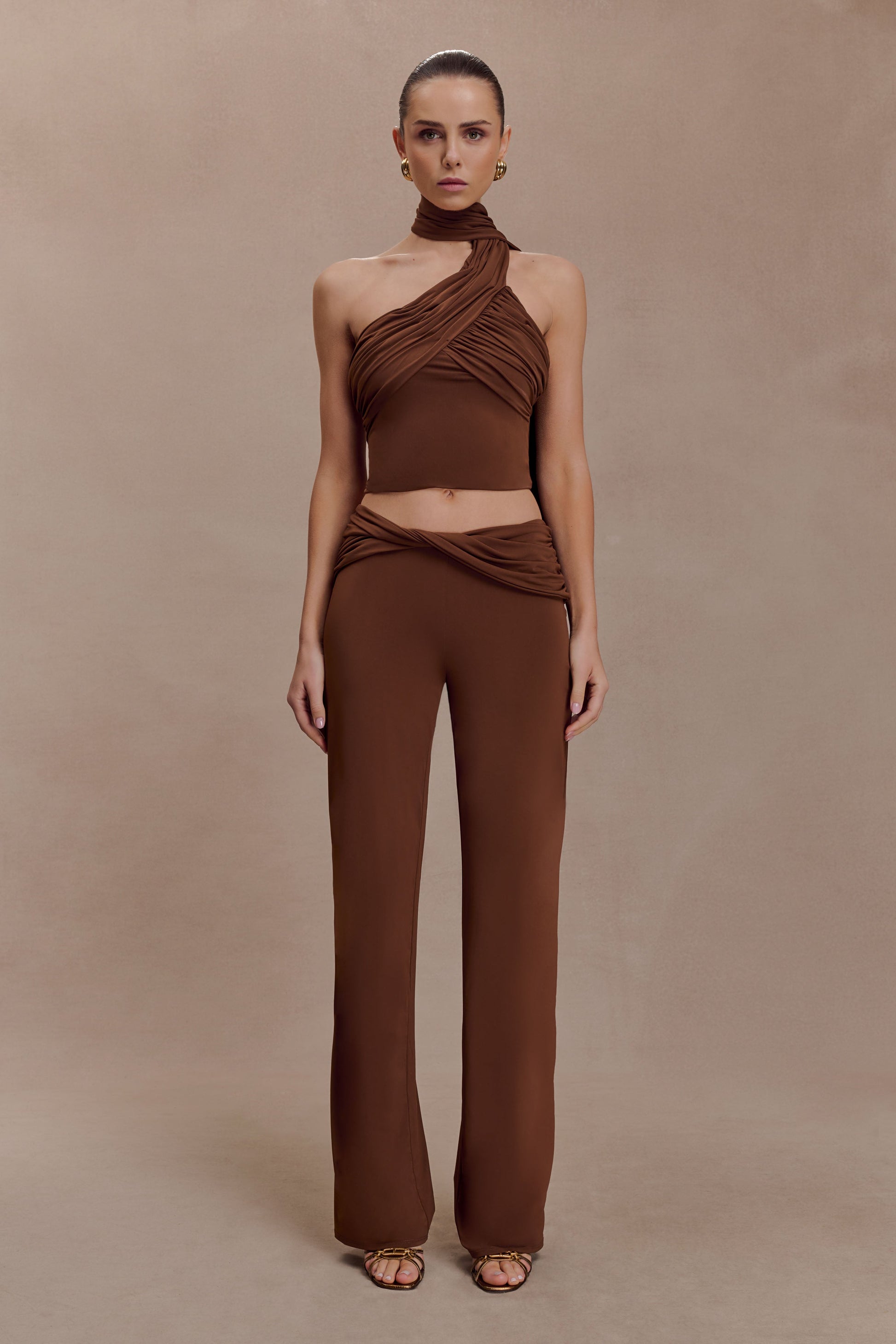 Lydia Slinky Asymmetrical Halter Top - Chocolate | MESHKI US Lydia Slinky Asymmetrical Halter Top - Chocolate | MESHKI US
