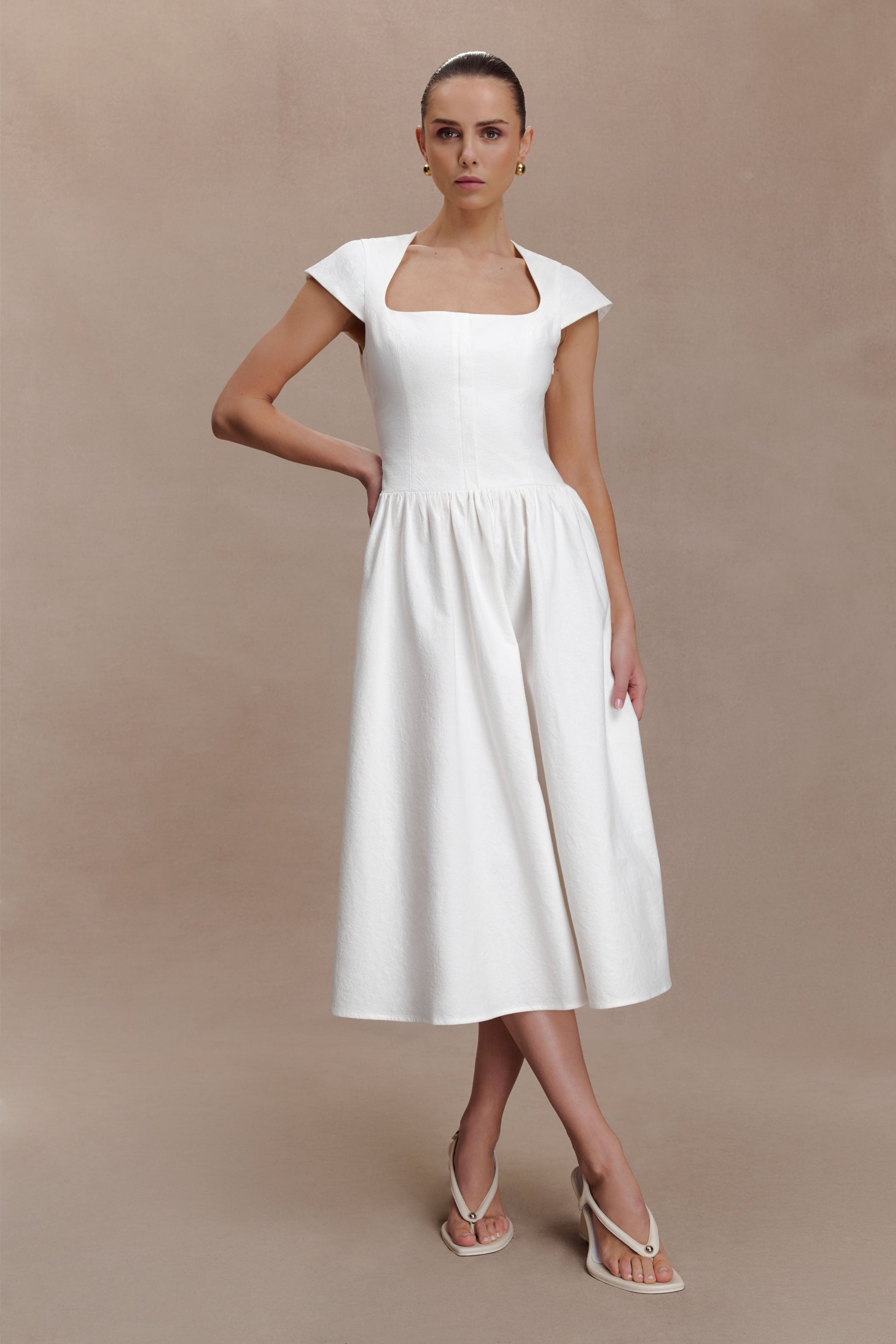 Ayla Cotton Fit And Flare Midi Dress - White #5