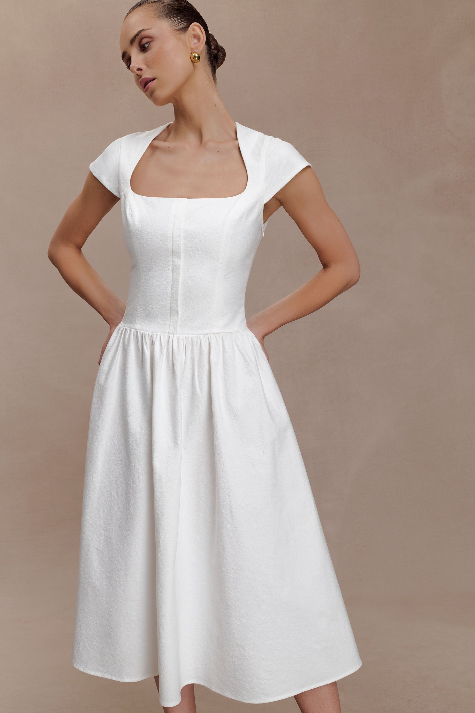 Ayla Cotton Fit And Flare Midi Dress / White | MESHKI | XS Ayla Cotton Fit And Flare Midi Dress / White | MESHKI | XS