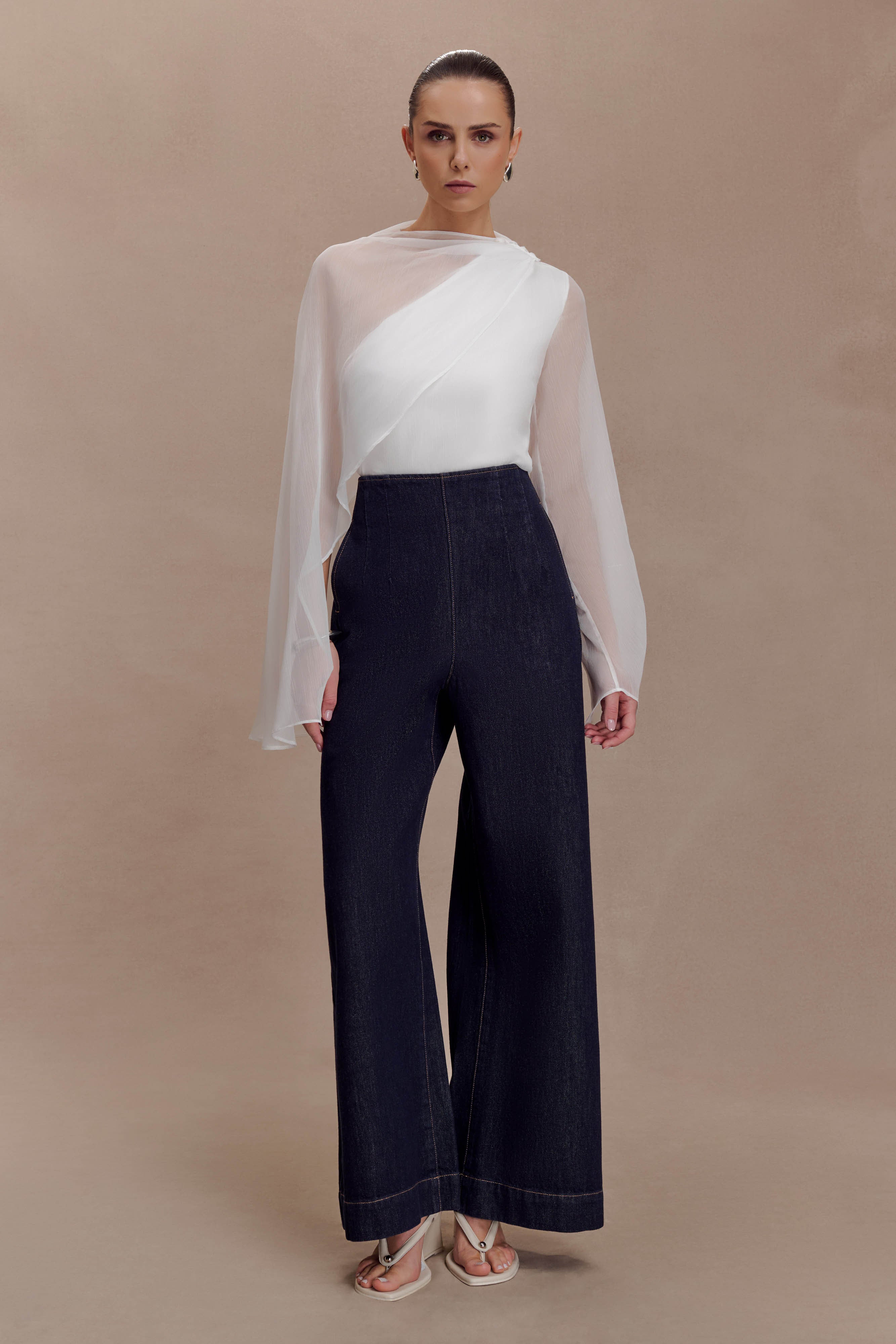 Ida Sheer Asymmetrical Long Sleeve Cape - White | MESHKI US