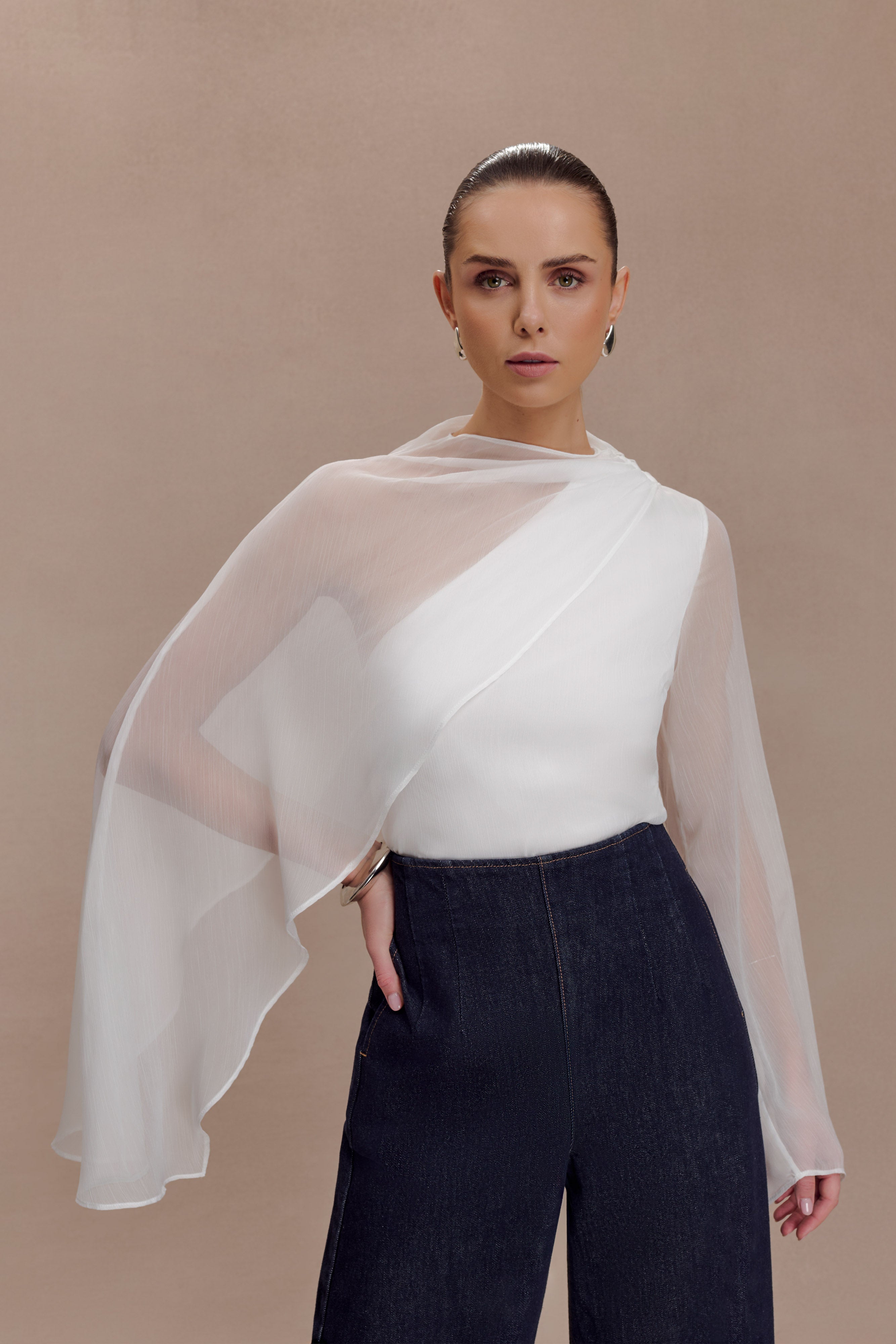 Ida Sheer Asymmetrical Long Sleeve Cape - White | MESHKI US