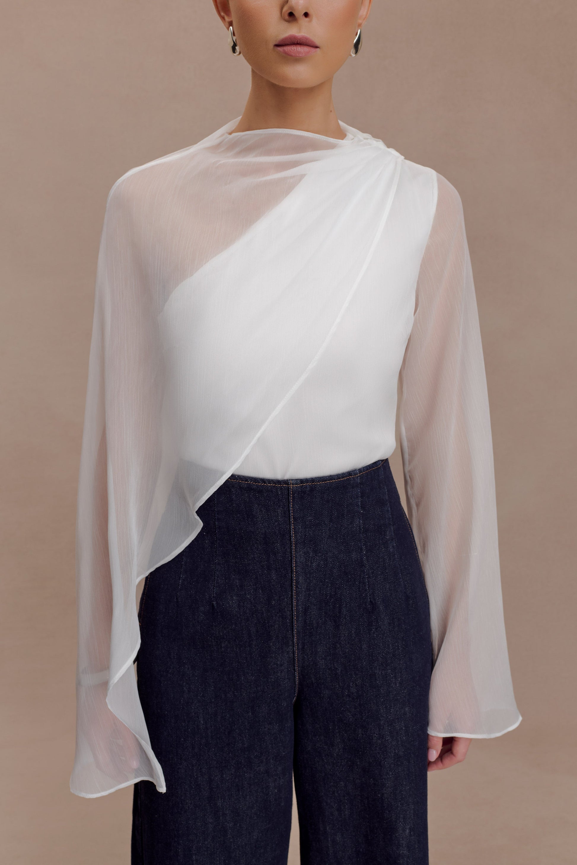 Ida Sheer Asymmetrical Long Sleeve Top - White #3