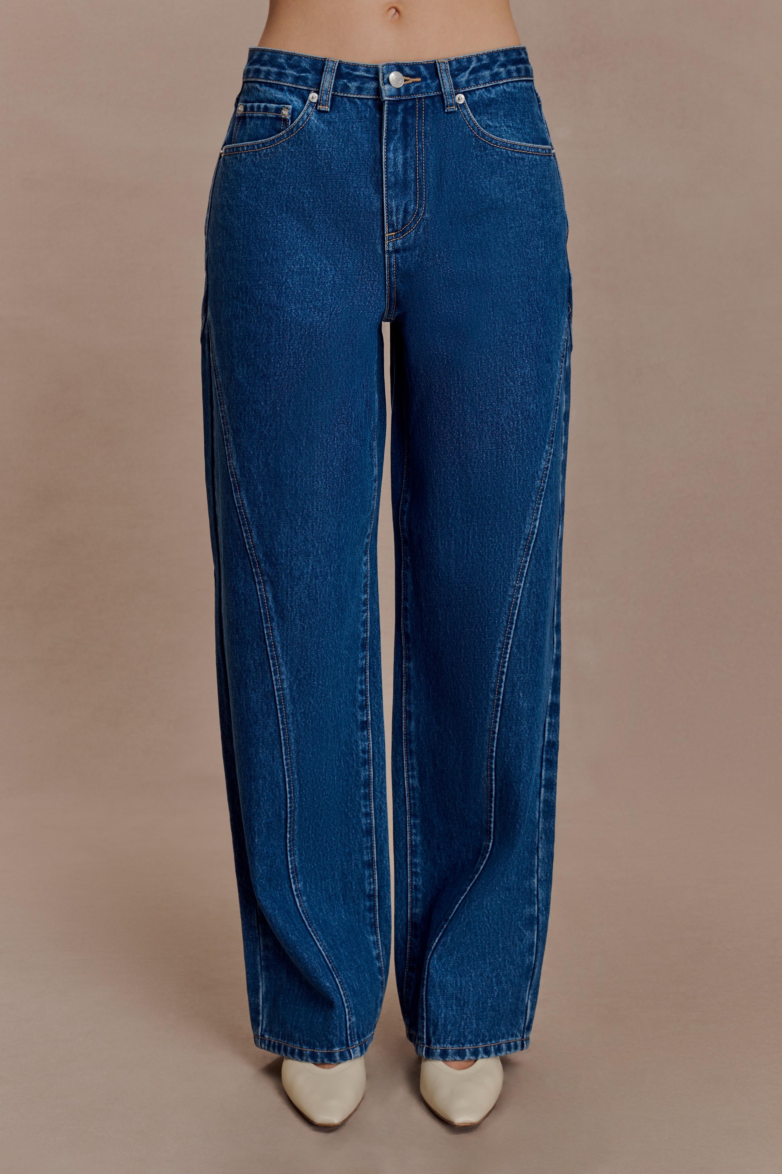 Georgette Mid Rise Paneled Denim Jeans - Dark Blue | MESHKI US