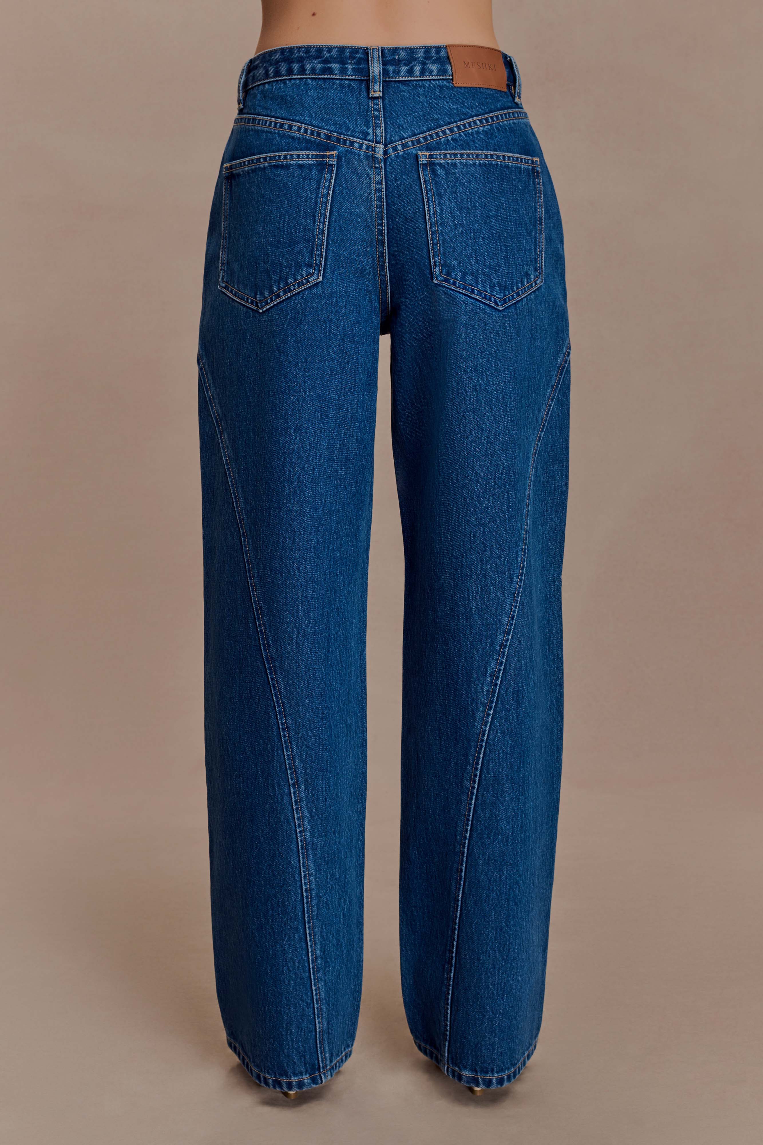 Georgette Mid Rise Paneled Denim Jeans - Dark Blue | MESHKI US