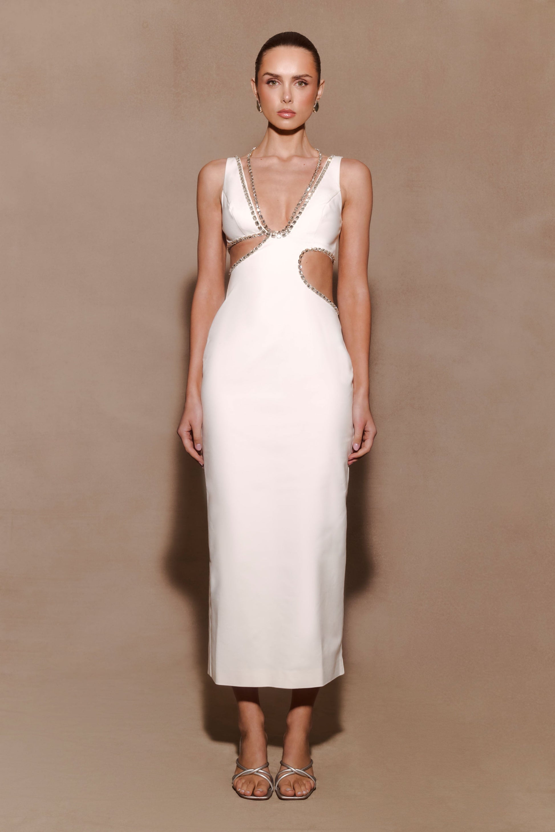 Henny Diamante Trim Cut Out Midi Dress / White | MESHKI