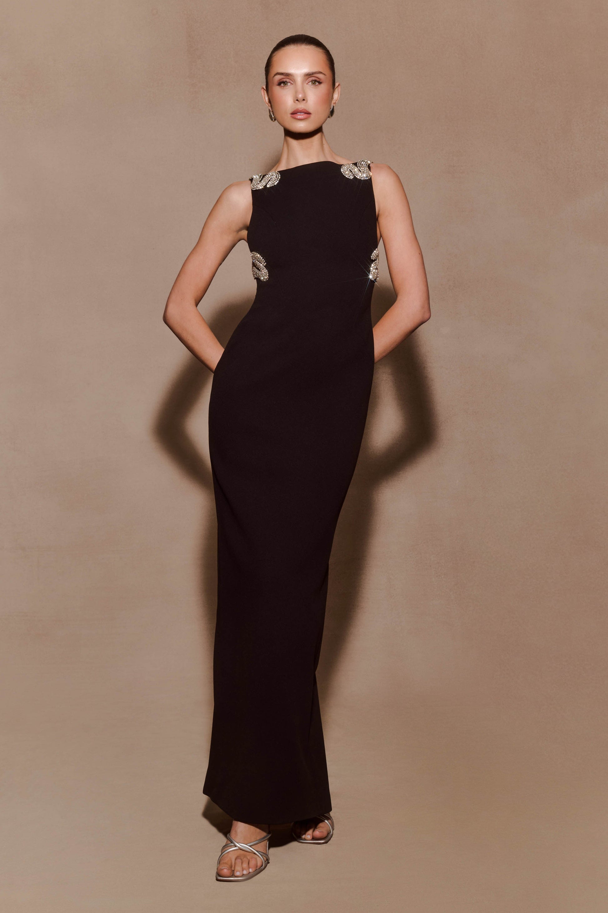 Lorde Embellished Crepe Maxi Dress / Black | MESHKI
