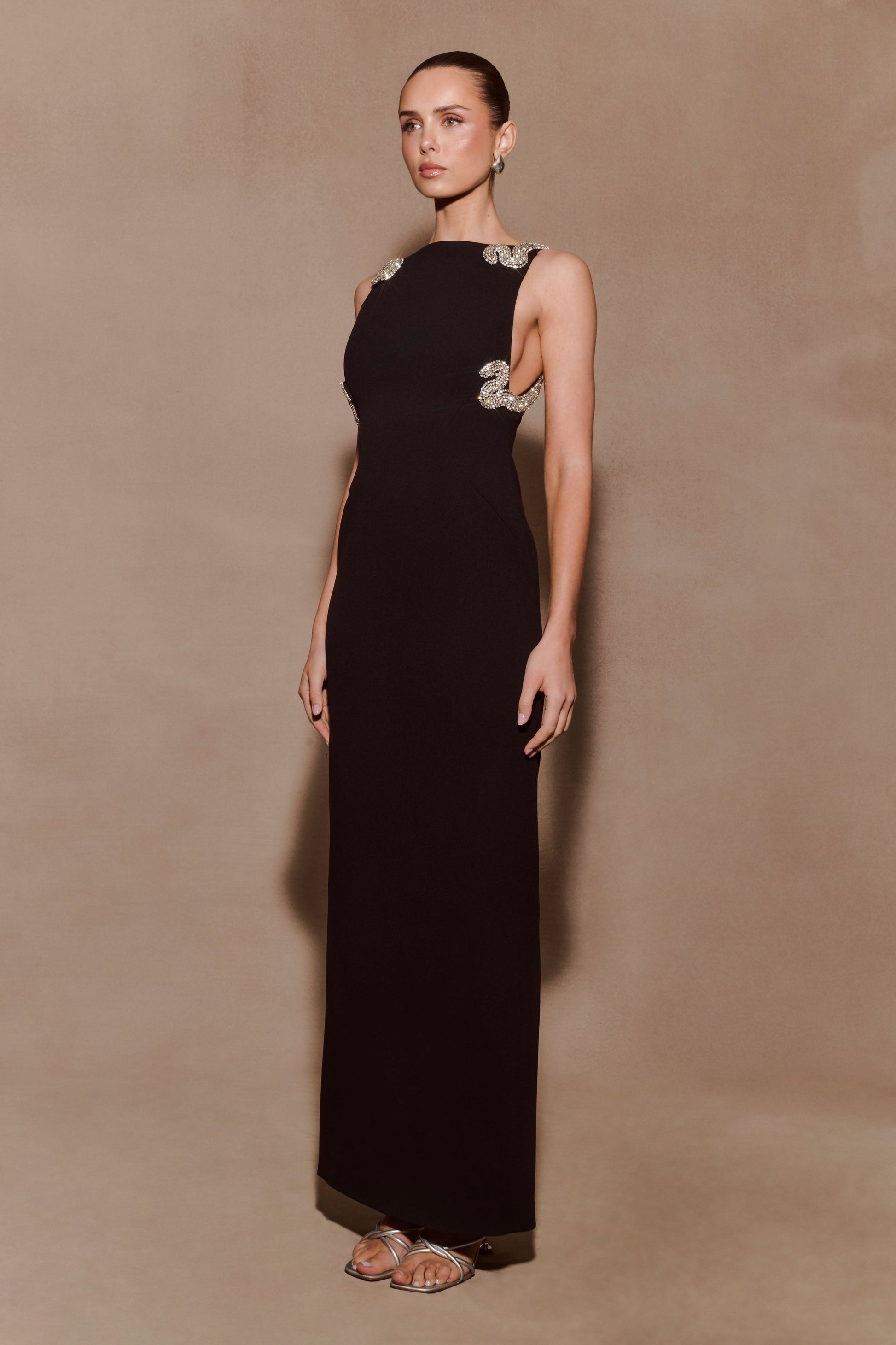 Lorde Embellished Crepe Maxi Dress / Black | MESHKI
