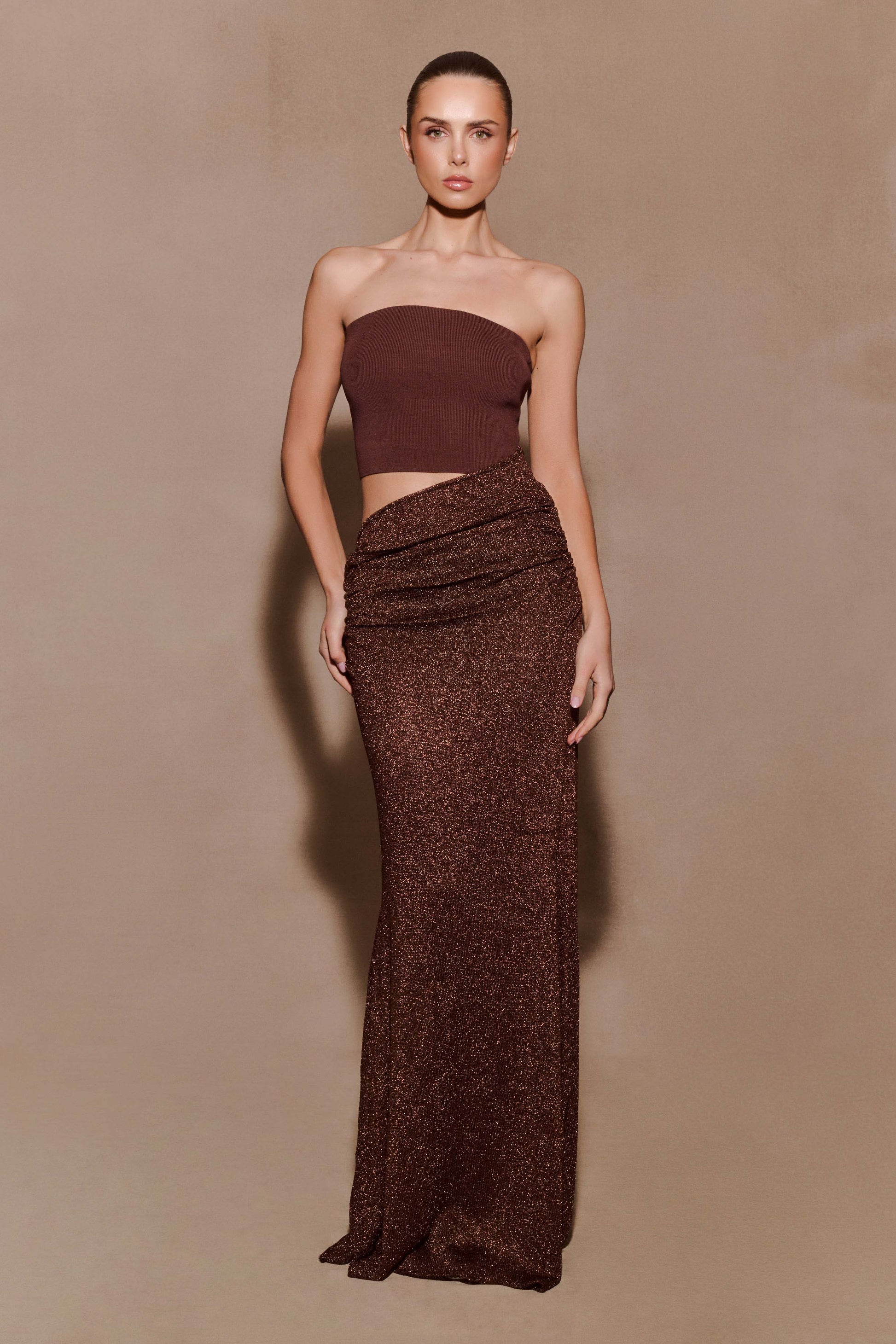 Jasiel Strapless Knit Maxi Dress / Chocolate | MESHKI | XXS Jasiel Strapless Knit Maxi Dress / Chocolate | MESHKI | XXS