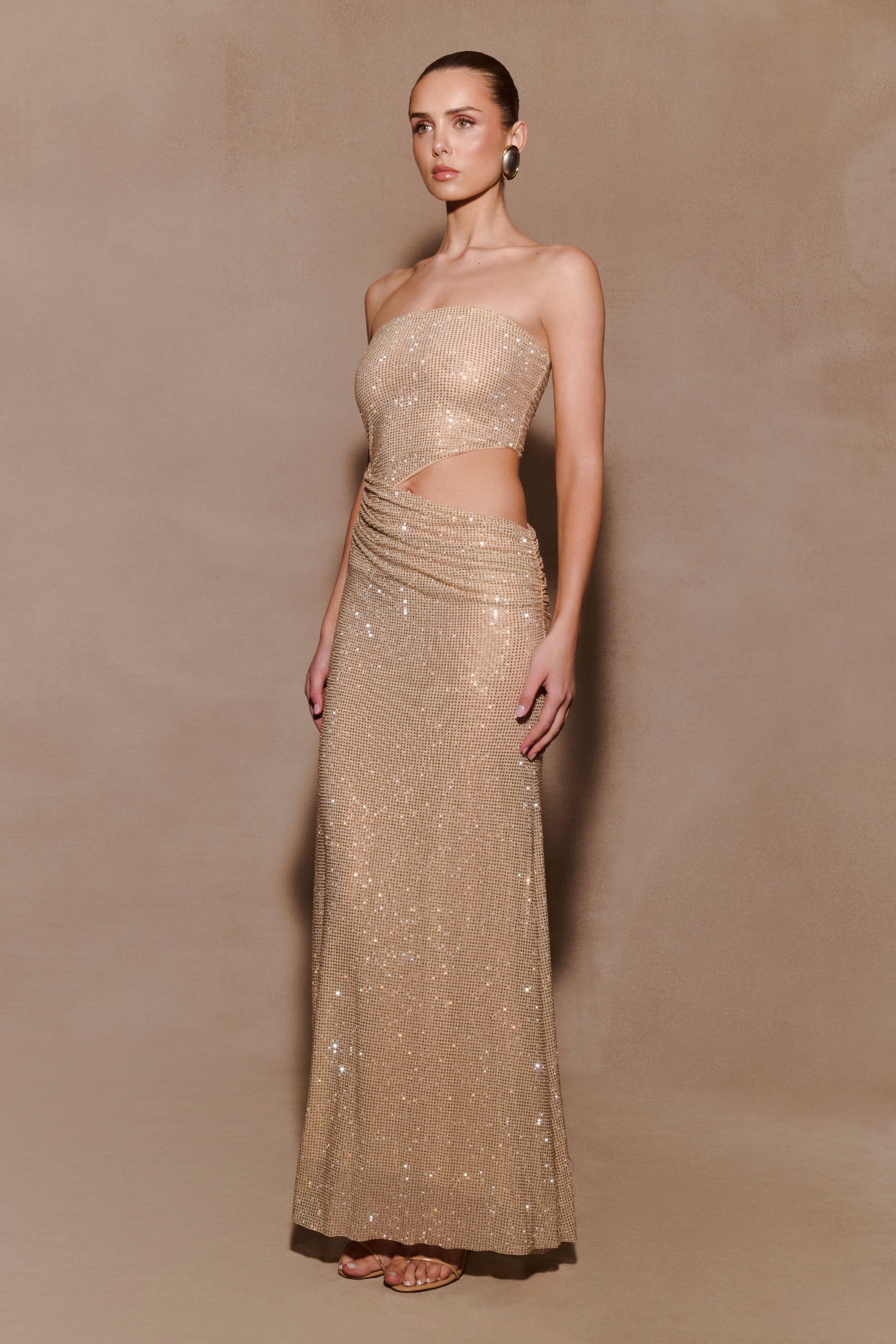 Starla Strapless Diamante Maxi Dress / Gold | MESHKI
