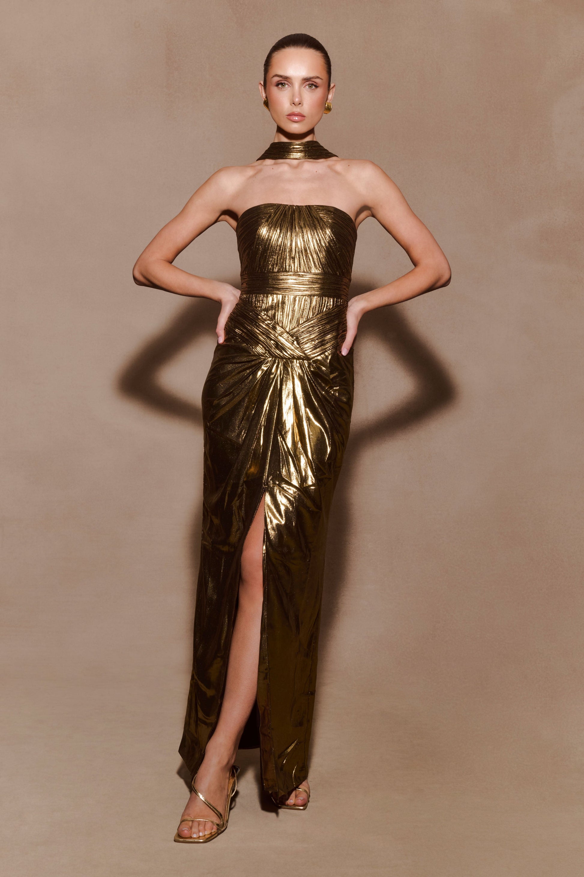 Clemence Plisse Maxi Dress - Gold | MESHKI US Clemence Plisse Maxi Dress - Gold | MESHKI US