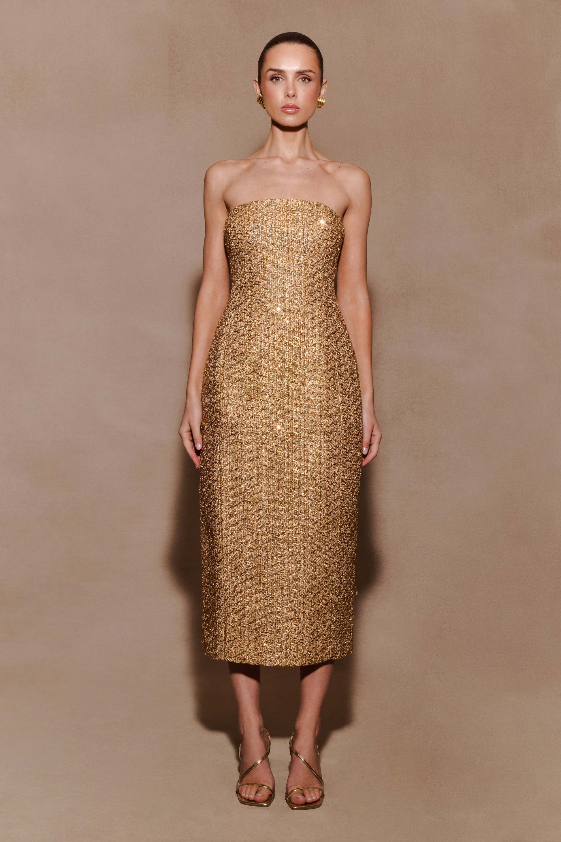 tweed midi dress Red Sparkly Wool | V-Neckline & Back | Splendour Collection unveiling a jewel neckline and chic short sleeves Aya Tweed Midi Dress